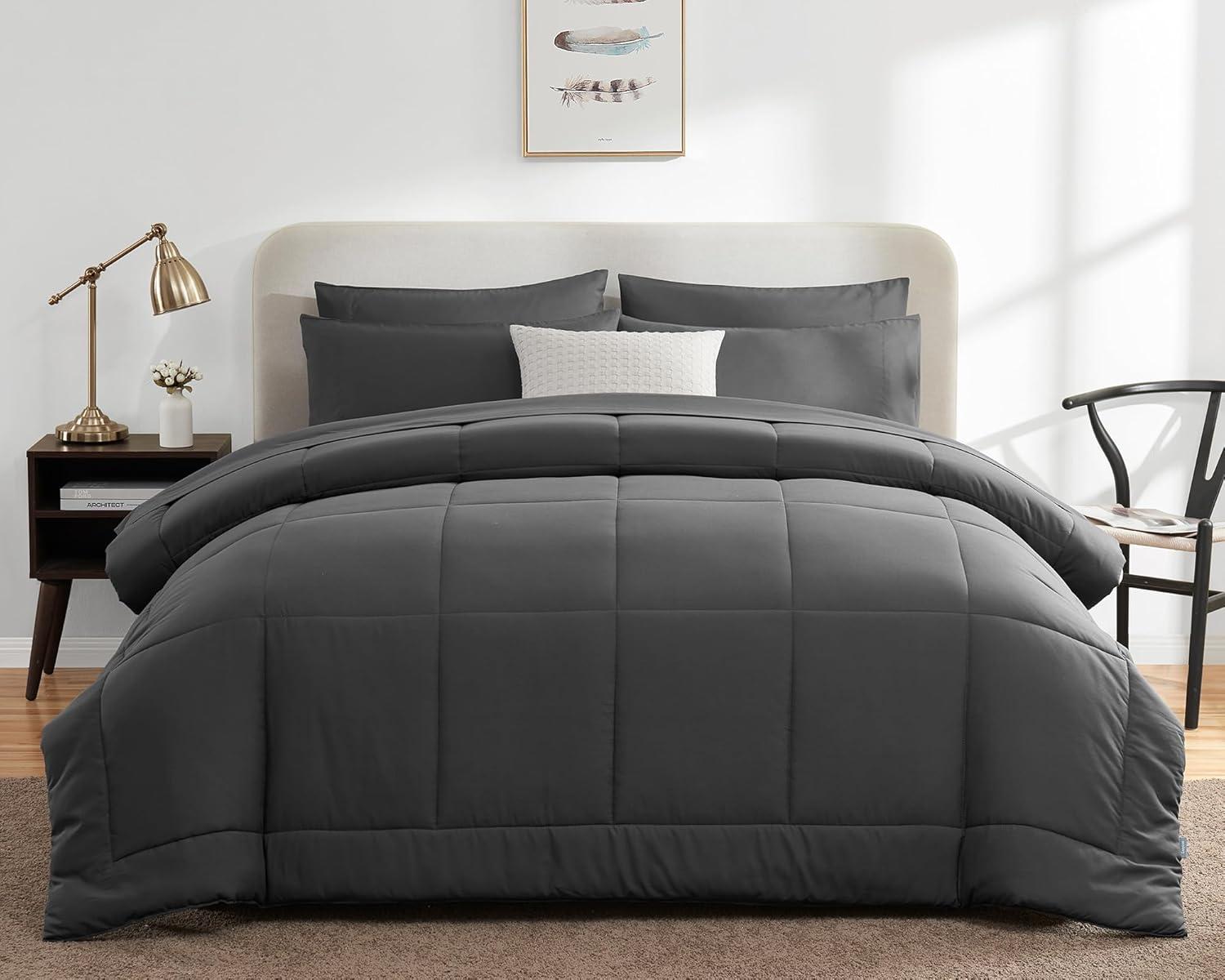 Queen Comforter Set - 7 Pieces Bed in a Bag Set Dark Grey, Bedding Sets Queen with All Season Quilted Comforter, Flat Sheet, Fitted Sheet, Pillowcases, Dark Gray, Queen