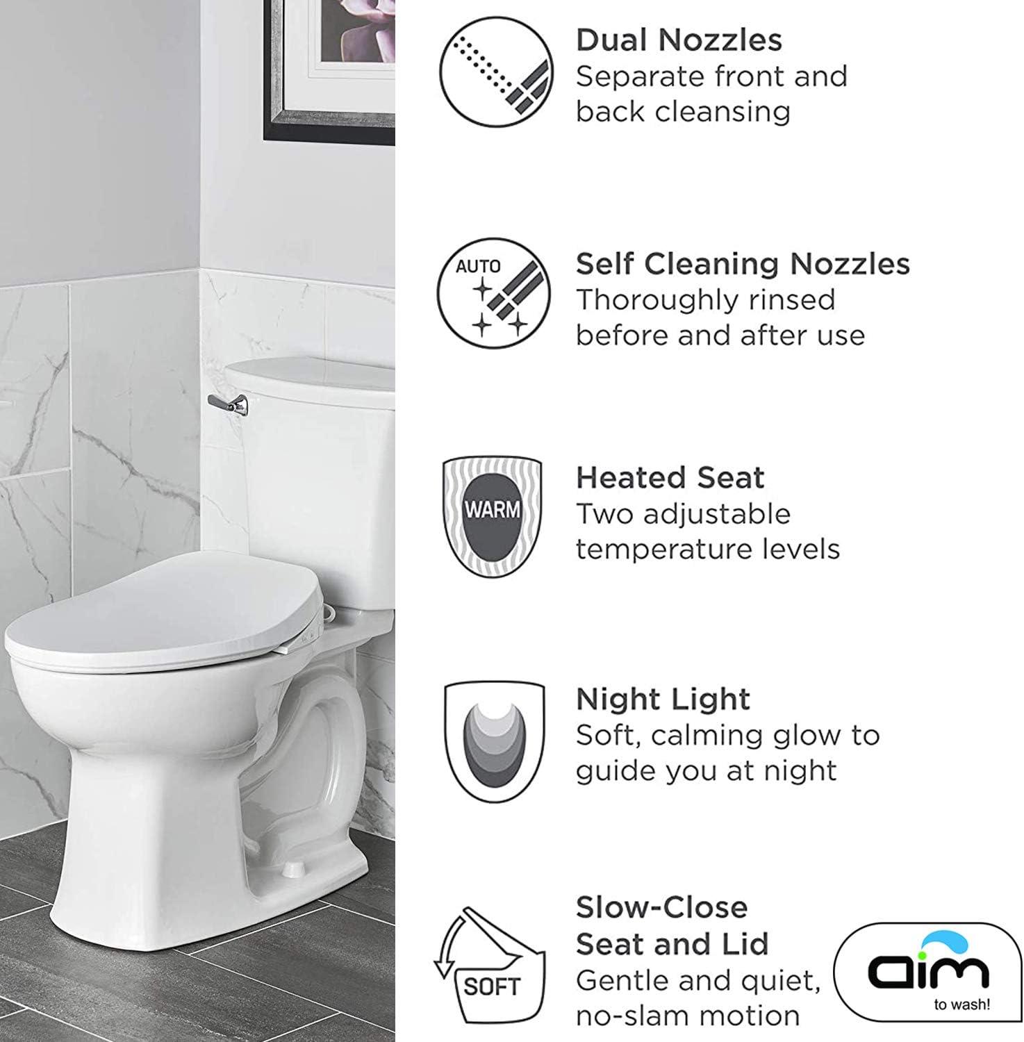 White Elongated Heated Smart Toilet Seat with Bidet and Night Light