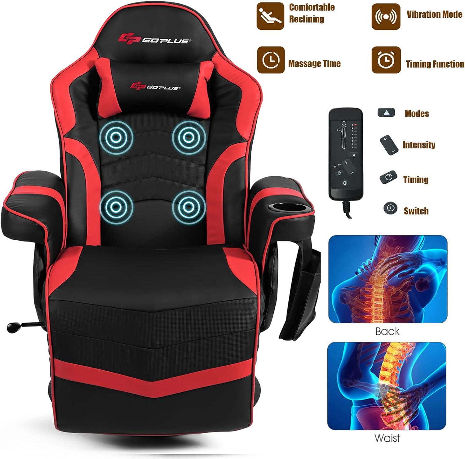 POWERSTONE Gaming Recliner Massage Gaming Chair with Footrest Ergonomic PU Leather Single Sofa with Cup Holder Headrest and Side Pouch, Adjustable Living Room Chair Seating, Red