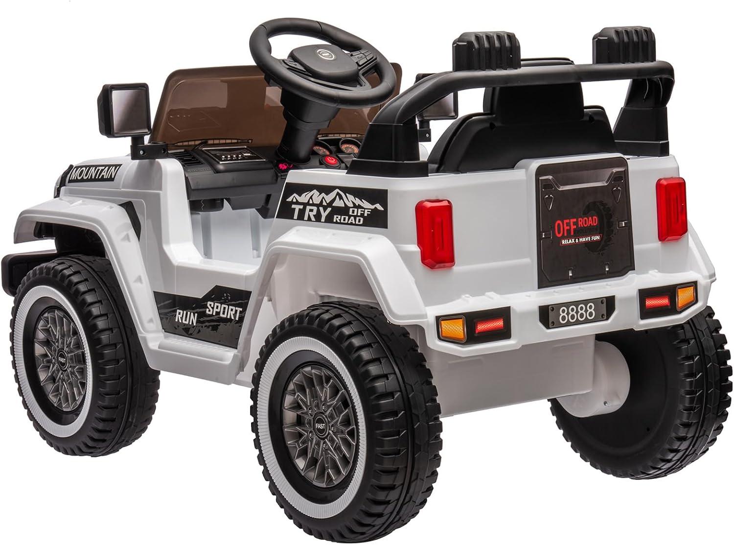 White 12V Kids Ride-On Truck with Remote Control and LED Lights