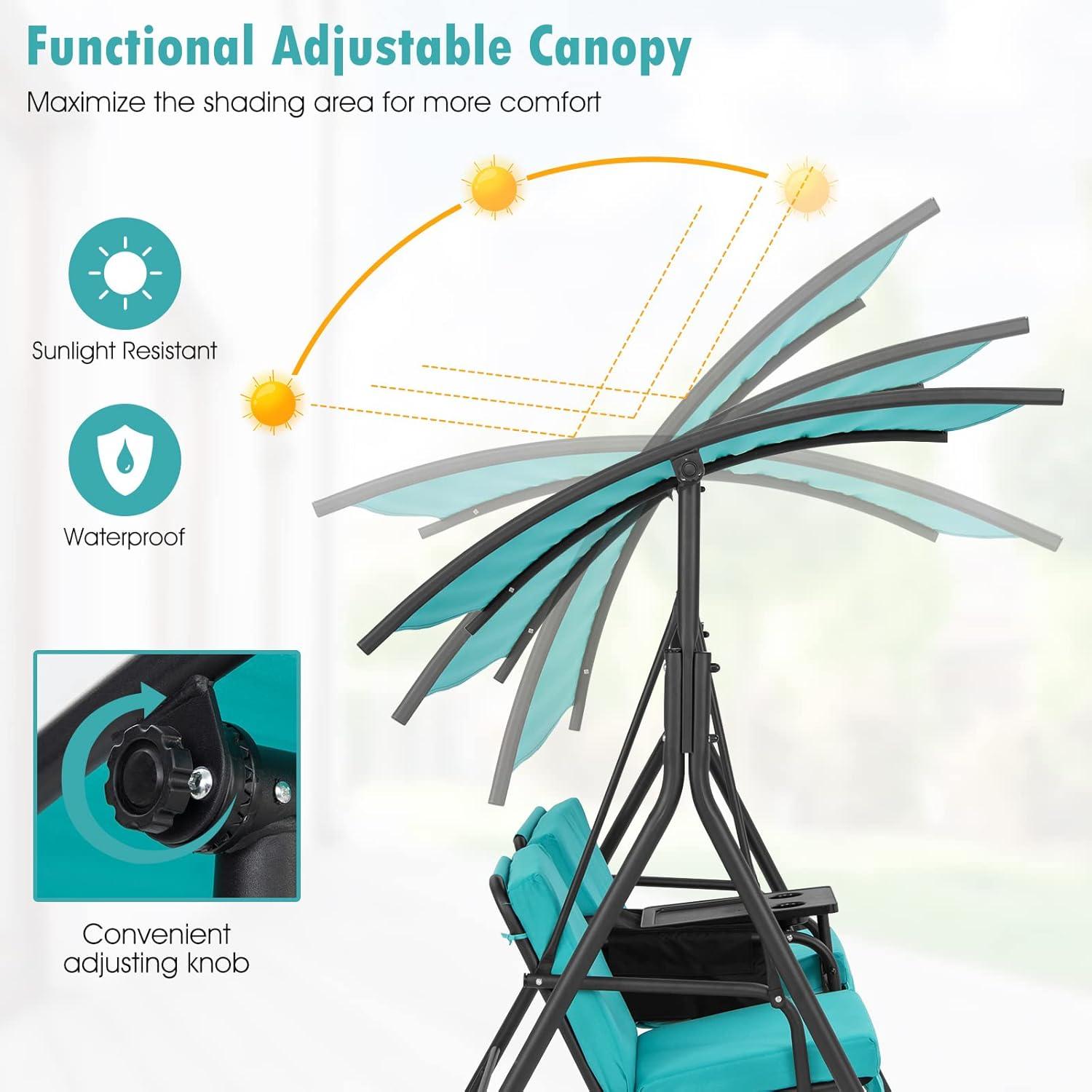 Resenkos Porch Swing, Porch Swing Chair with Adjustable Canopy-Turquoise, Hanging Outdoor Porch Swings for Garden, Backyard