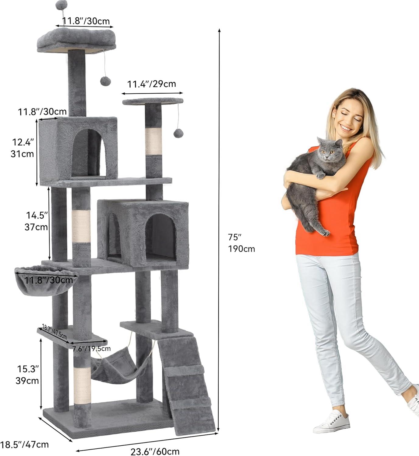 Light Gray 75" Multi-Level Cat Tree Tower with Sisal Posts