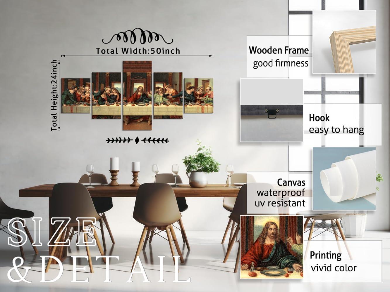 YOUHONG 5 Piece Last Supper Wall Art Christian Wall Decor Jesus Posters Leonardo Da Vinci Dining Room Decor The Last Supper Painting for Bedroom Living Room Decor (50''W x 24''H)