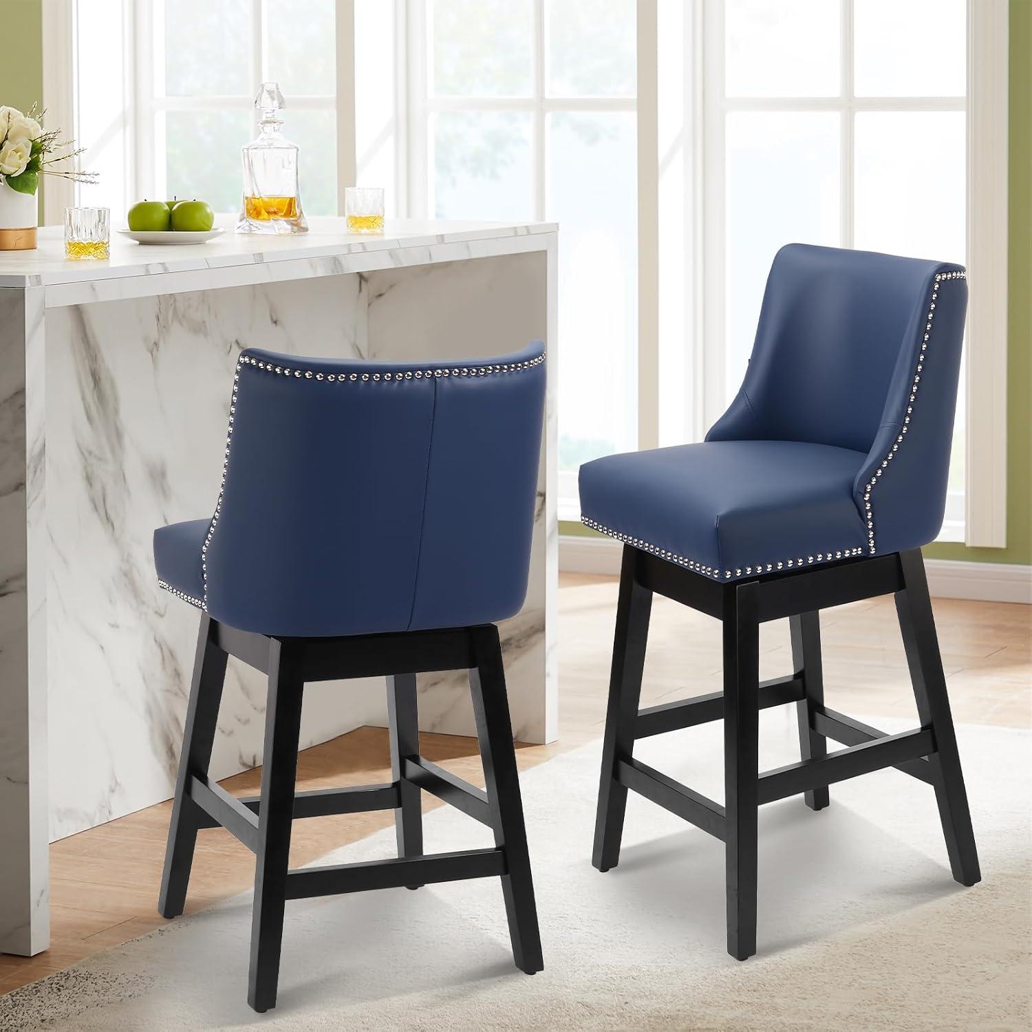 Swivel Bar Stools Set of 2 with Thicker Wood Legs,26" Counter Height Bar Stools,Faux Leather,Blue