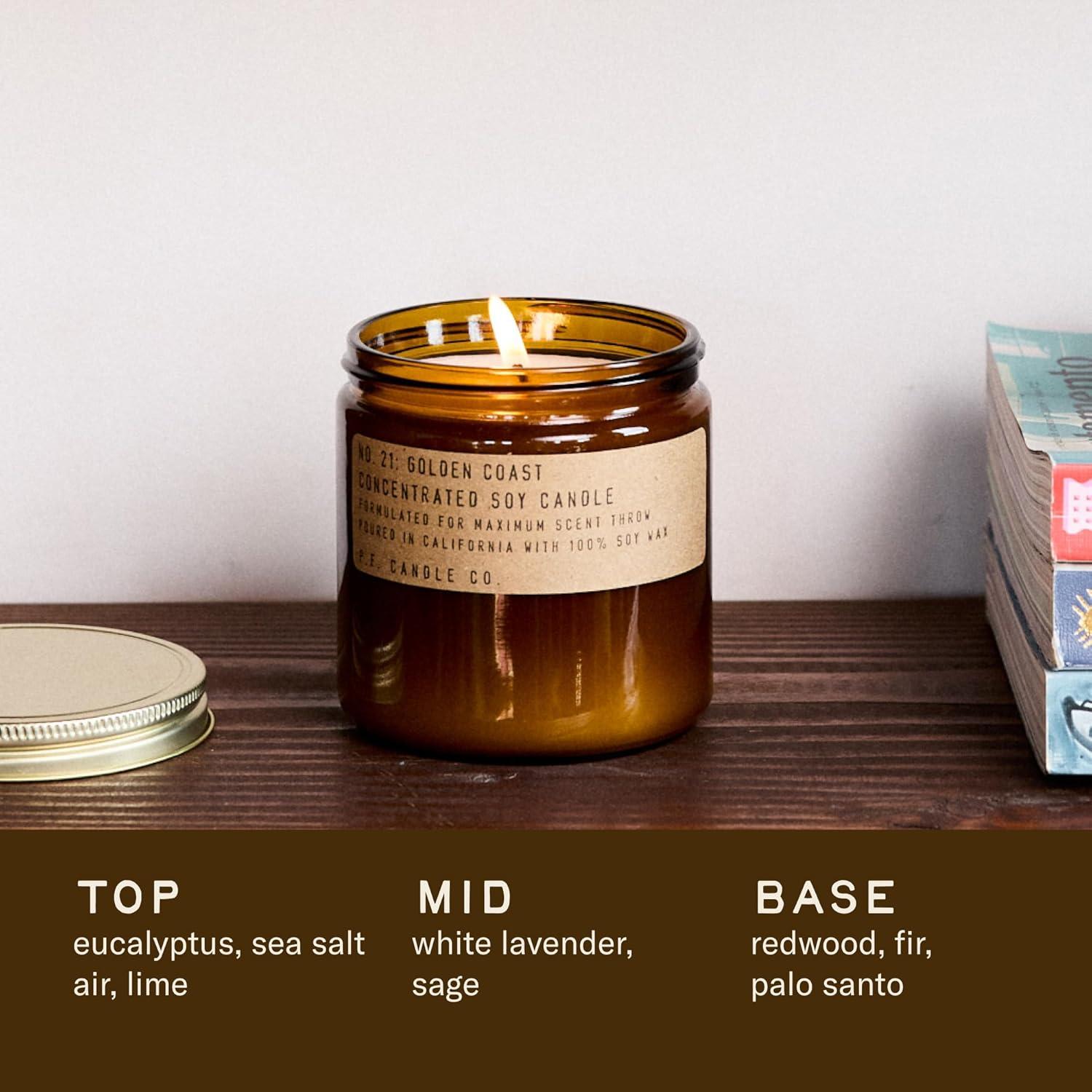 P.F. Candle Co. Large Candle - Golden Coast (12.5 oz Soy Wax, 60-70 Hour Burn Time, Amber Glass Jar)