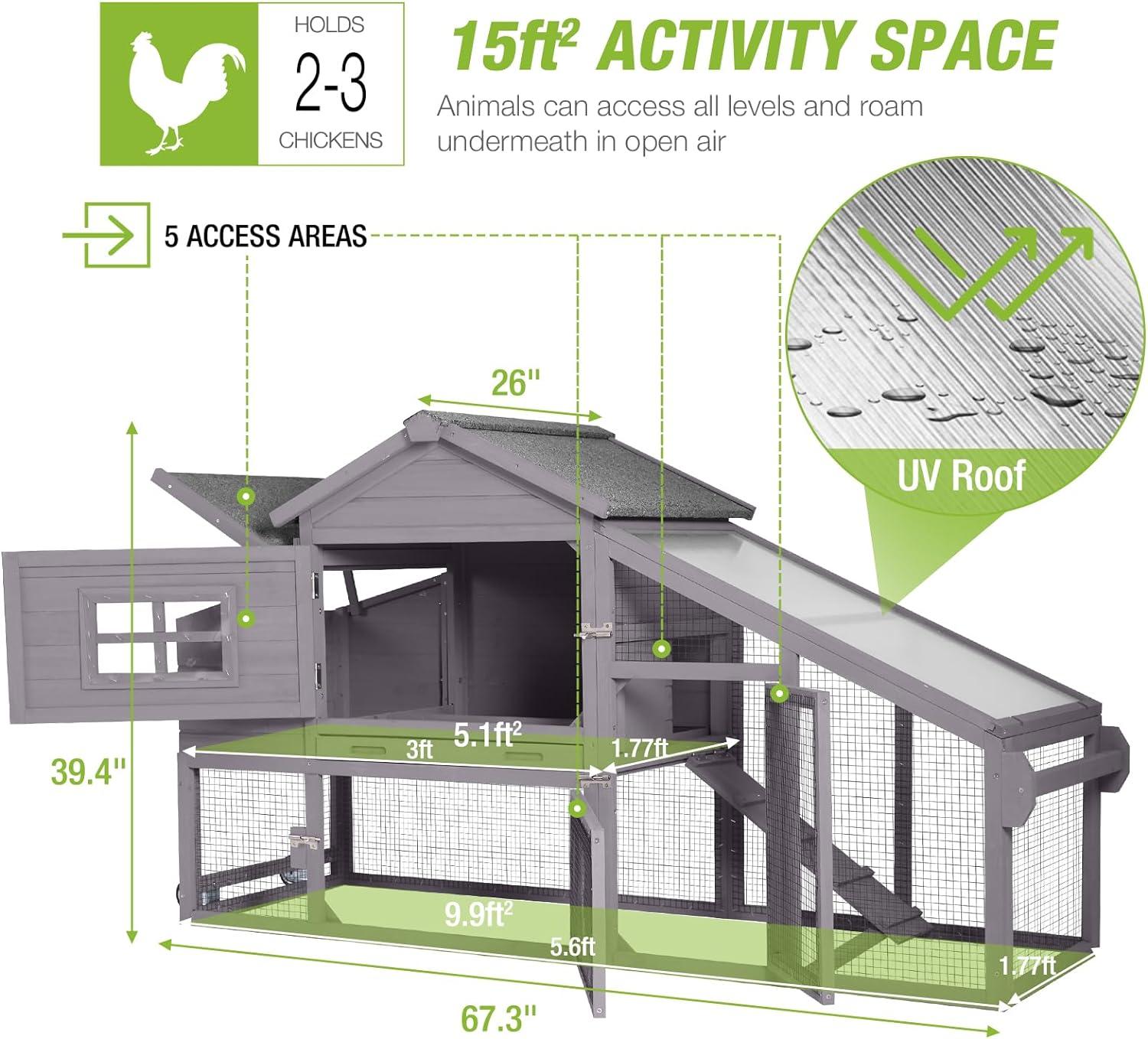 Aivituvin Chicken Coop for 4 Chickens, Mobile Chicken House with with Wheels, Outdoor Hen House Poultry Cage with Nesting Box, Leakproof Pull Out Tray and UV-Resistant Roof
