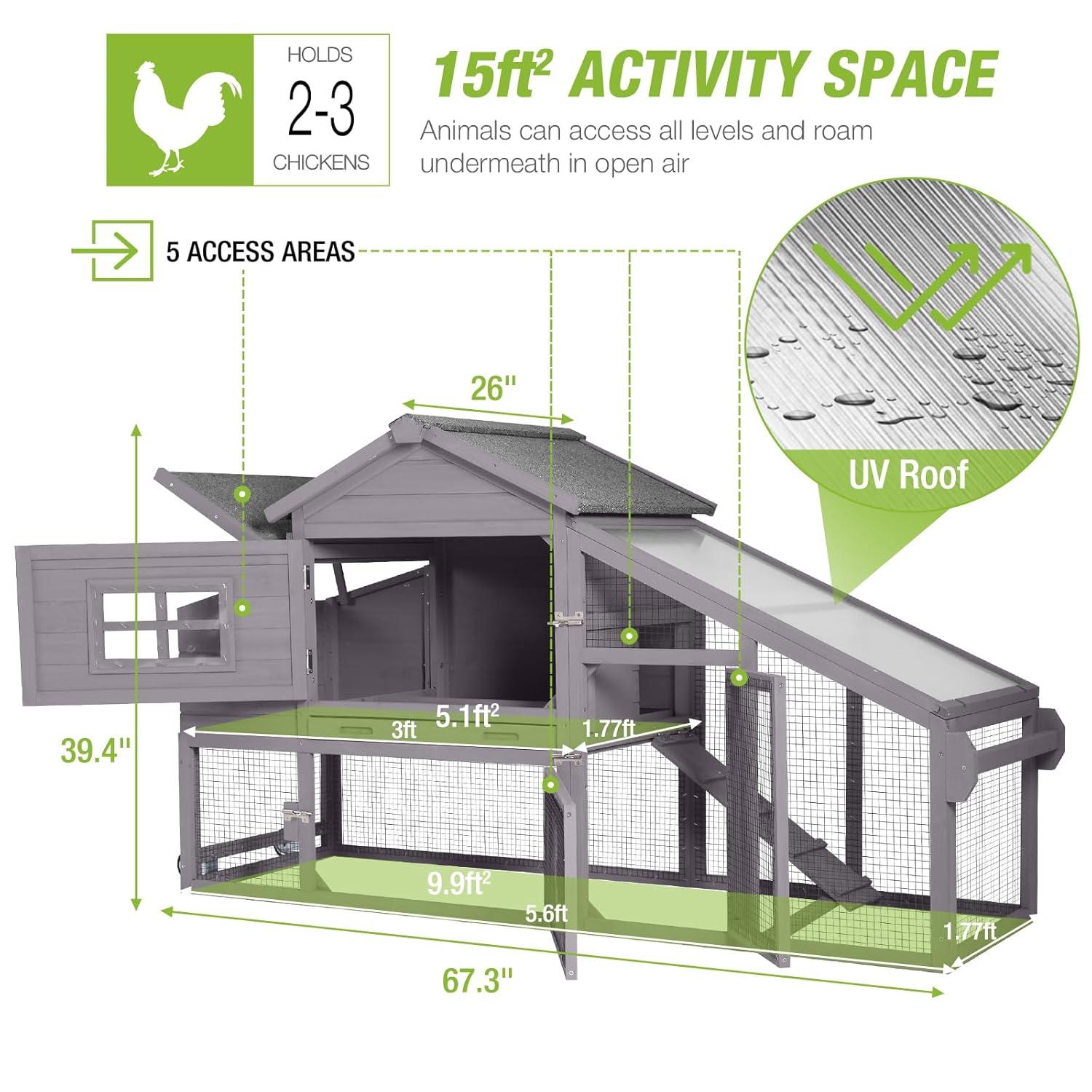 Aivituvin Movable Chicken Coop with Wheels, Large Poultry Cage for Outdoor, Wood Hen House with Nesting Box Backyard Chicken House