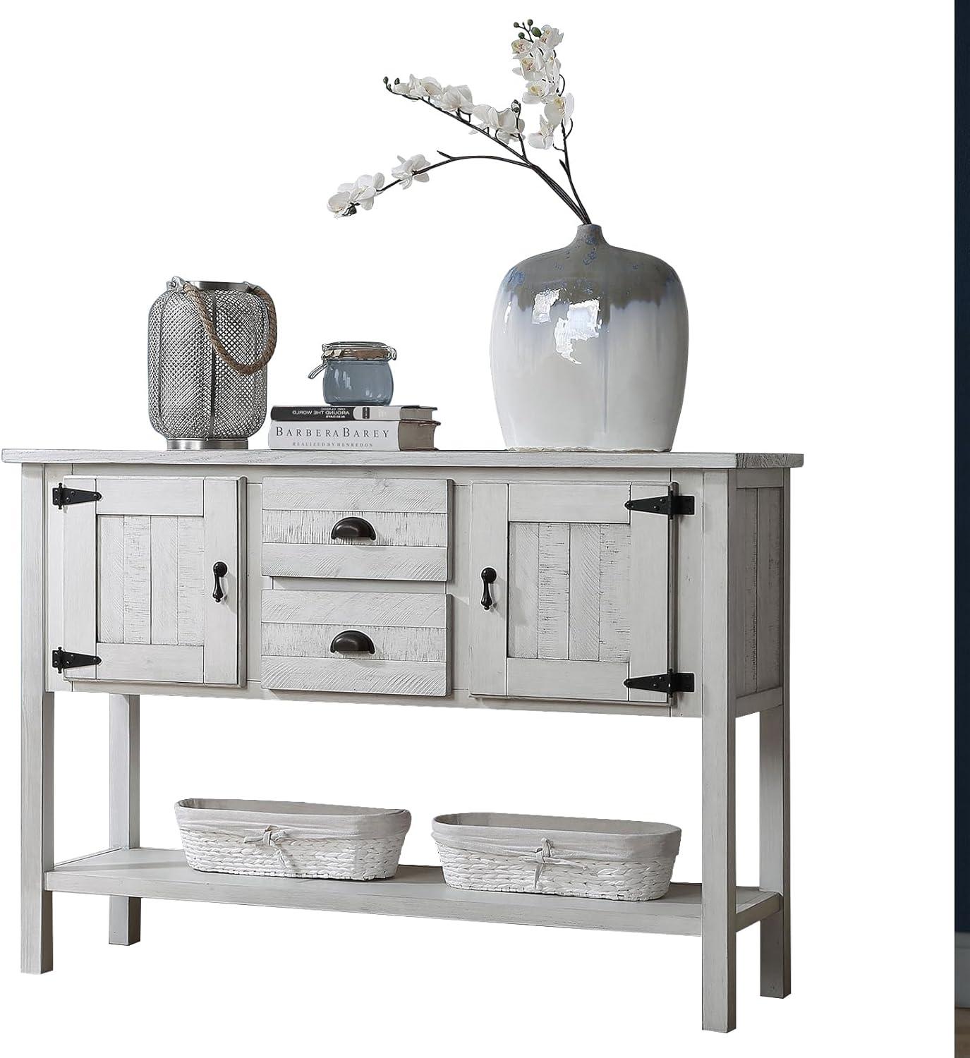 48" Solid Wood Buffet Sideboard,Farmhouse Console Table with Bottom Shelf,Retro-Style Storage Cabinet for Entryway,Living Room,Dining Room,Kitchen,Antique White