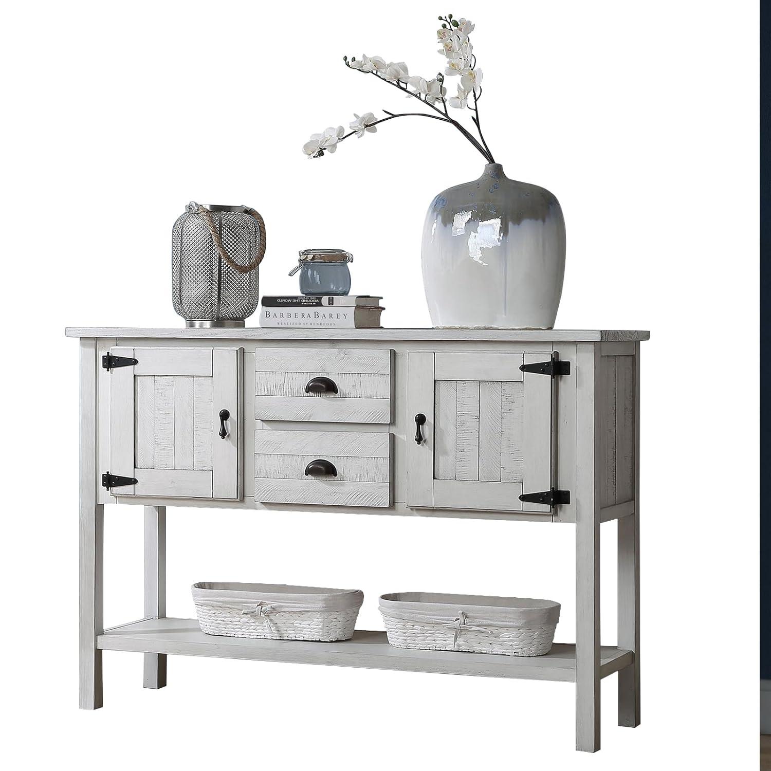 48" Solid Wood Buffet Sideboard,Farmhouse Console Table with Bottom Shelf,Retro-Style Storage Cabinet for Entryway,Living Room,Dining Room,Kitchen,Antique White