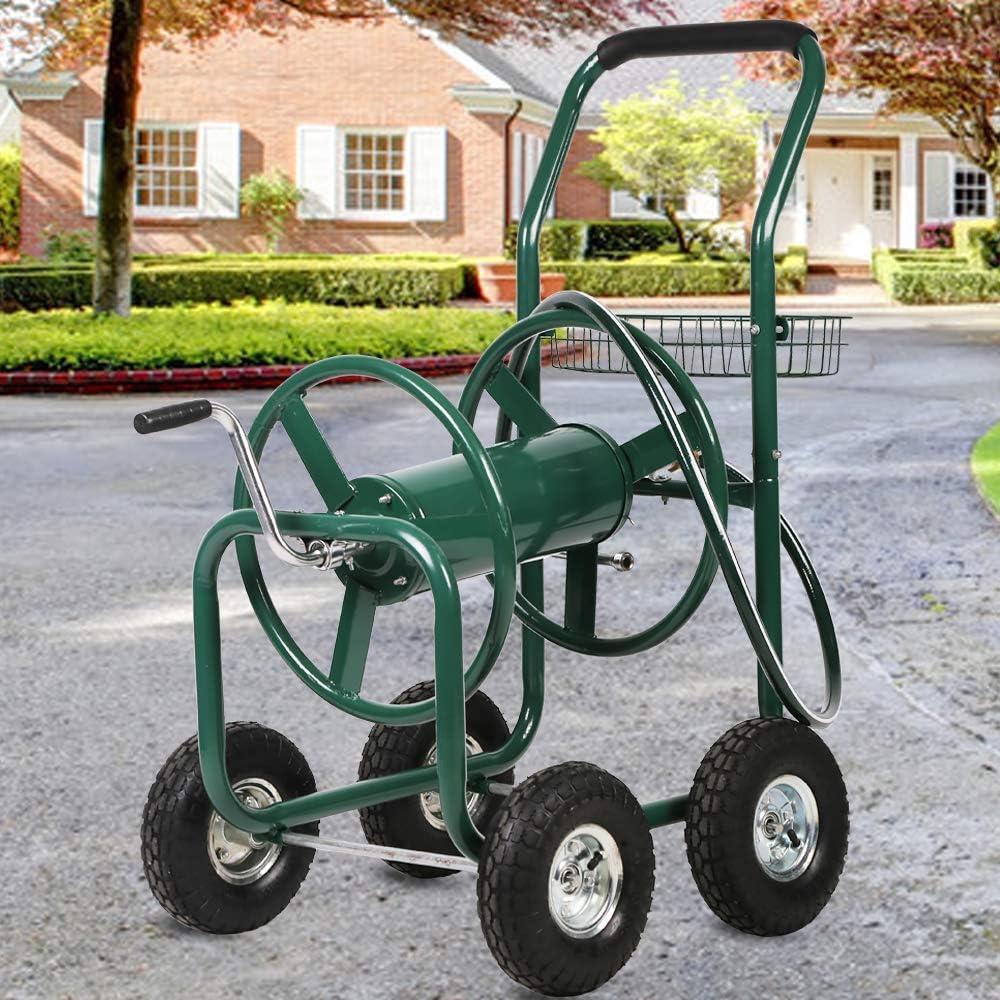 Garden Hose Reel Cart, Lawn Water Planting Cart with Wheels, Heavy Duty Outdoor Yard Water Planting Truck Holds 300-Feet of 5/8-Inch Hose with Storage Basket for Patio Farm(Green)