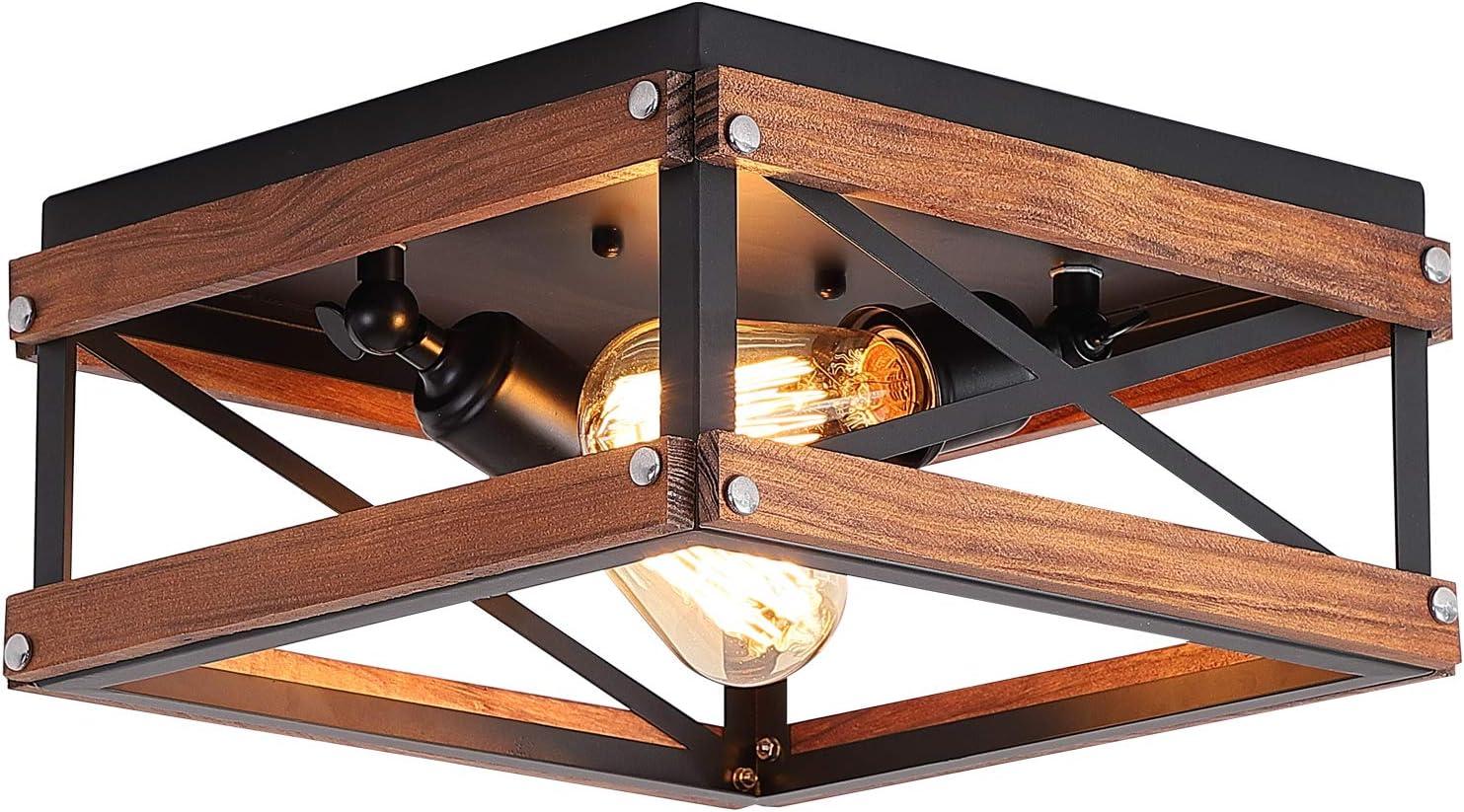 Black Metal and Wood Farmhouse Flush Mount Ceiling Light