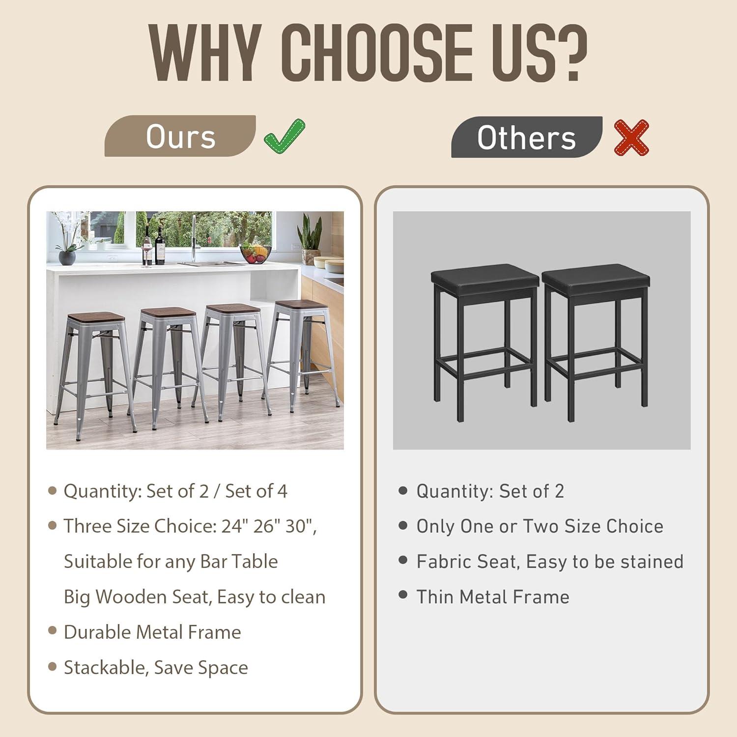 Drevy 26" Metal Counter Height Bar Stools Set of 4 Industrial Backless Kitchen Patio Counter Stool Stackable Barstools Wood Top-Silver