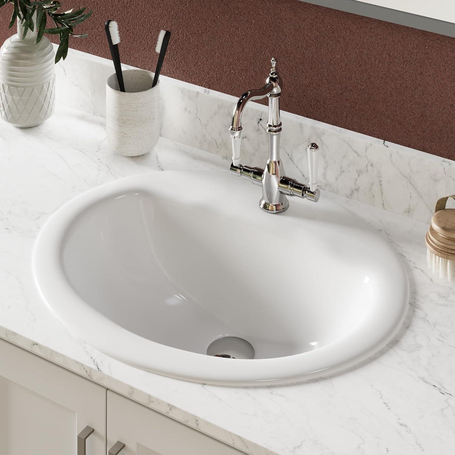 20'' x 17'' White Oval Vitreous China Drop-in Bathroom Sink with Overflow