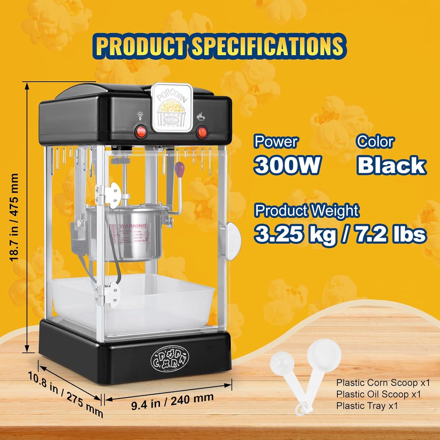 VEVOR Popcorn Maker, 300W Popcorn Popper Machine, 2.5 Oz Kettle Makes 4 QT per Batch, Tabletop Popcorn Maker with PP Door, Includes 2 Scoops and Tray, Movie Theater Style, Black