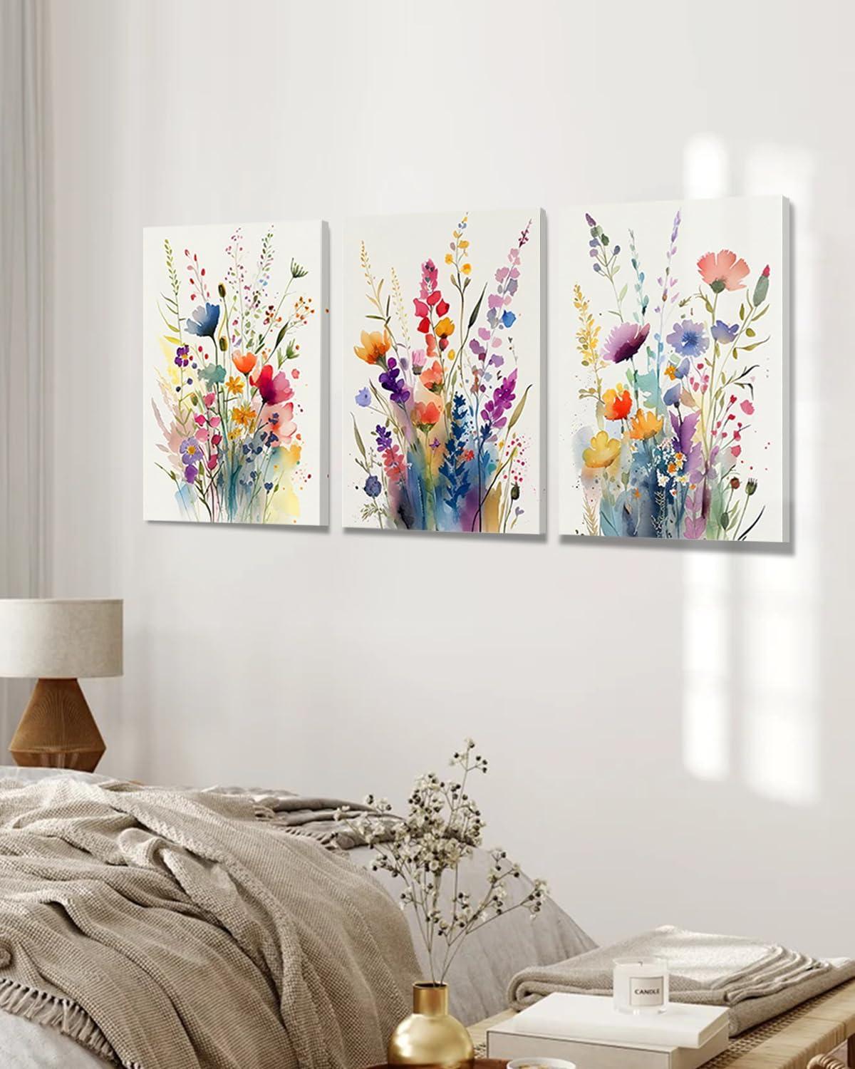 JRXY 3 Pcs Framed Watercolor Floral Botanical Canvas Wall Art Colorful Wildflower Plant Paintings Prints Posters 12x16 in