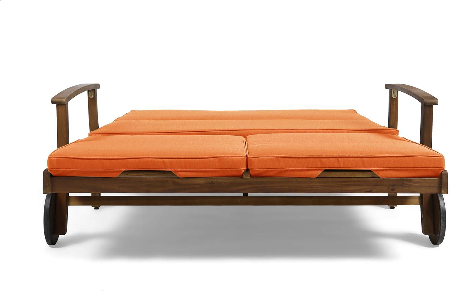 Samantha Double Chaise Lounge for Yard and Patio, Teak Finish with Orange Cushions