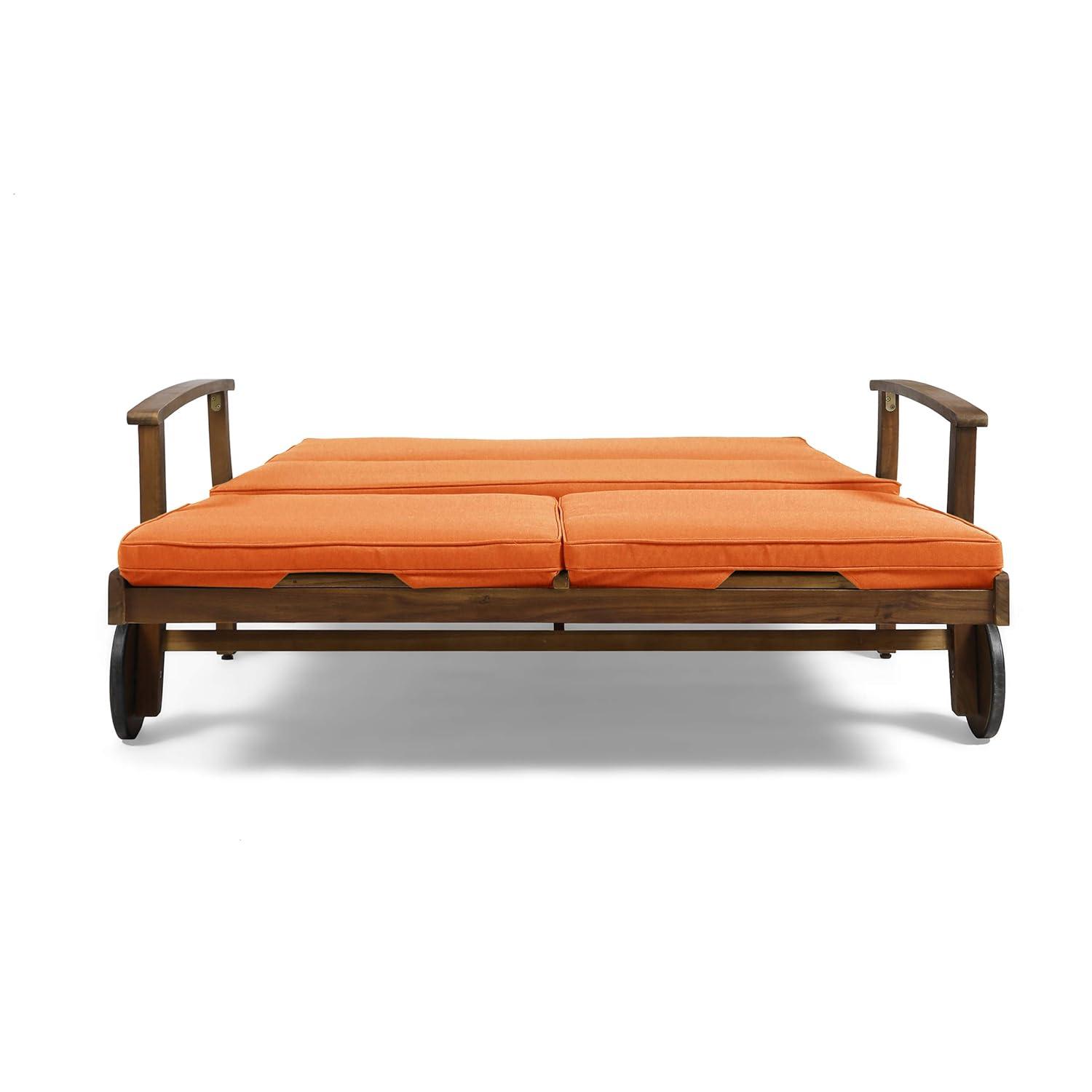 GDFStudio Abena Outdoor Acacia Wood Double Adjustable Chaise Lounge with Cushions, Teak/Orange