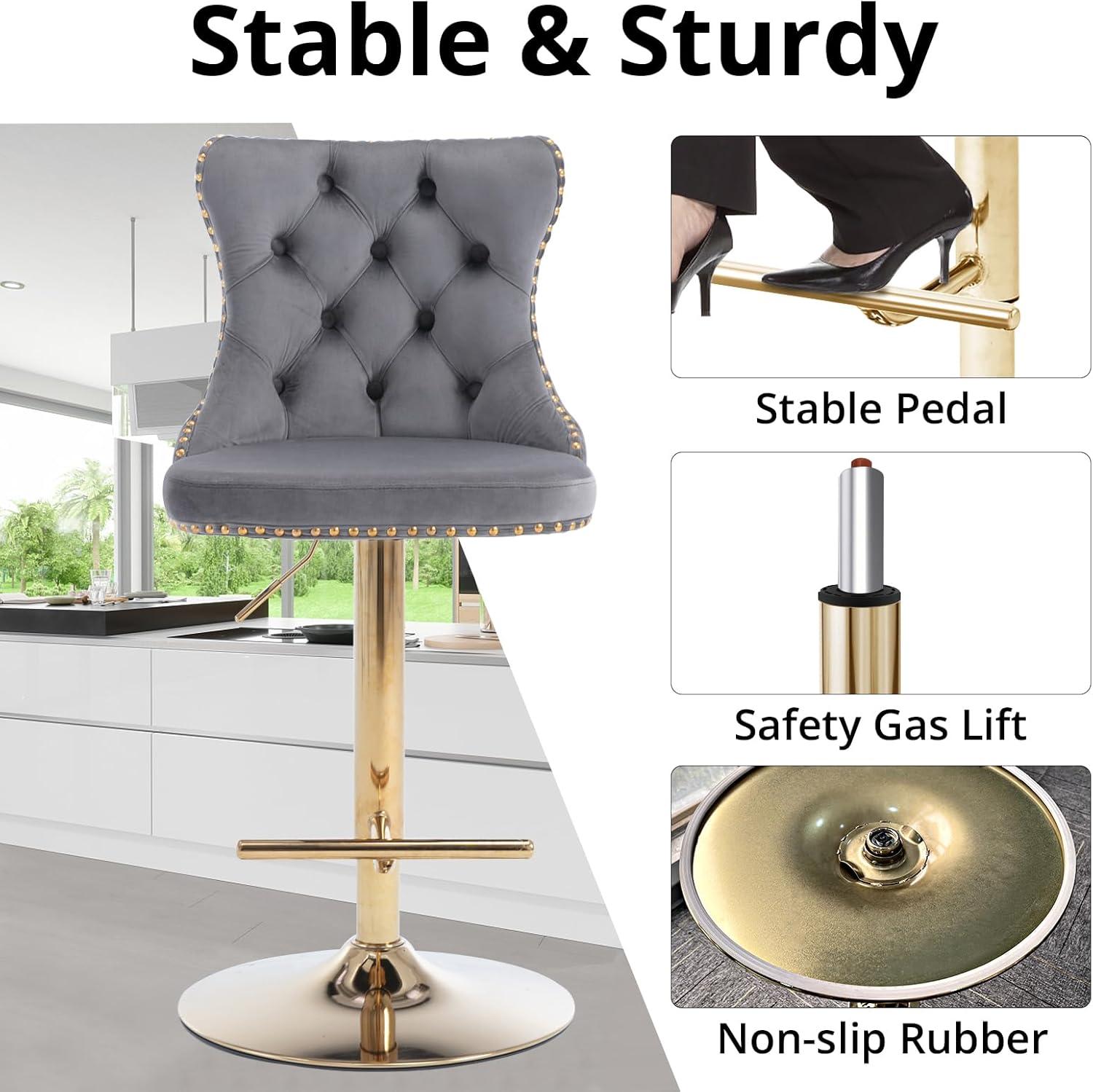 Sesslife Swivel Bar Stools Set of 2, Upholstered Thickened Velvet Fabric High Barstool with Nail Trim, Adjustable Seat Height, Counter Height Bar Chairs with Back & Footrest for Kitchen Island, Gray
