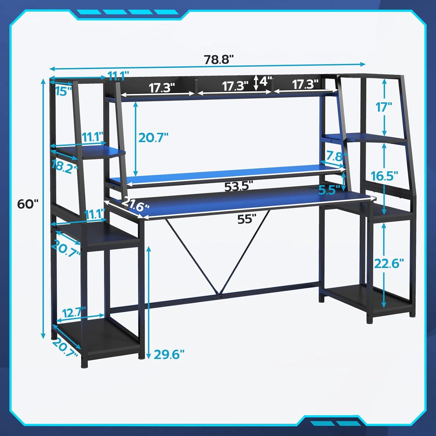 78.8 Inches Gaming Desk with LED Lights, Ergonomic Computer Desk with Monitor Stand, Hutch and Storage Shelves, Large PC Gamer Desk Workstation, Black