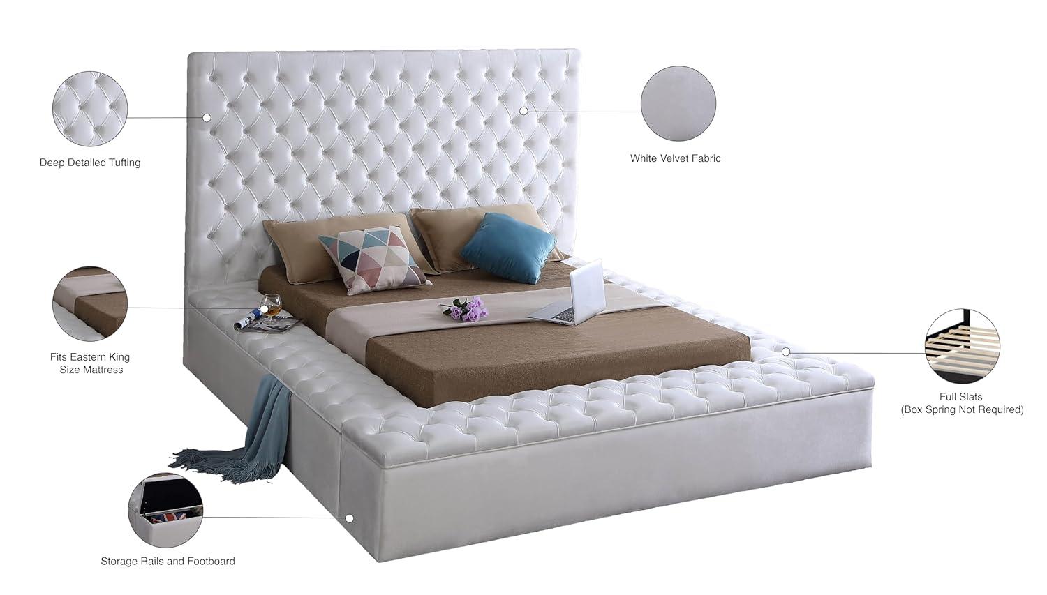 Bliss White Velvet King Bed (3 Boxes)-Color:White Velvet,Style:Contemporary