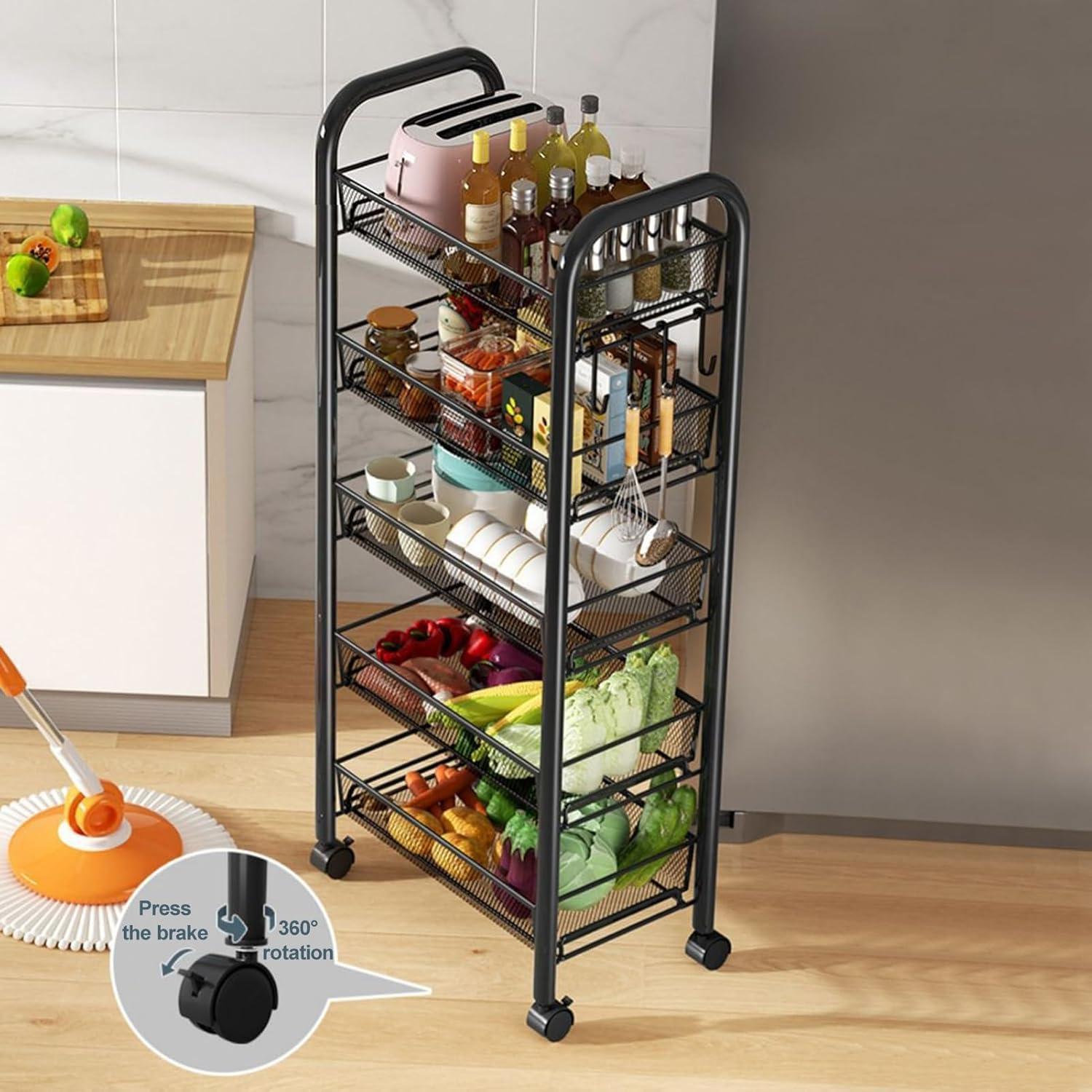 17 Stories Fruit Vegetable Storage Basket,5 Tier Stackable Metal Mesh Storage Basket with 360 Degree Wheels