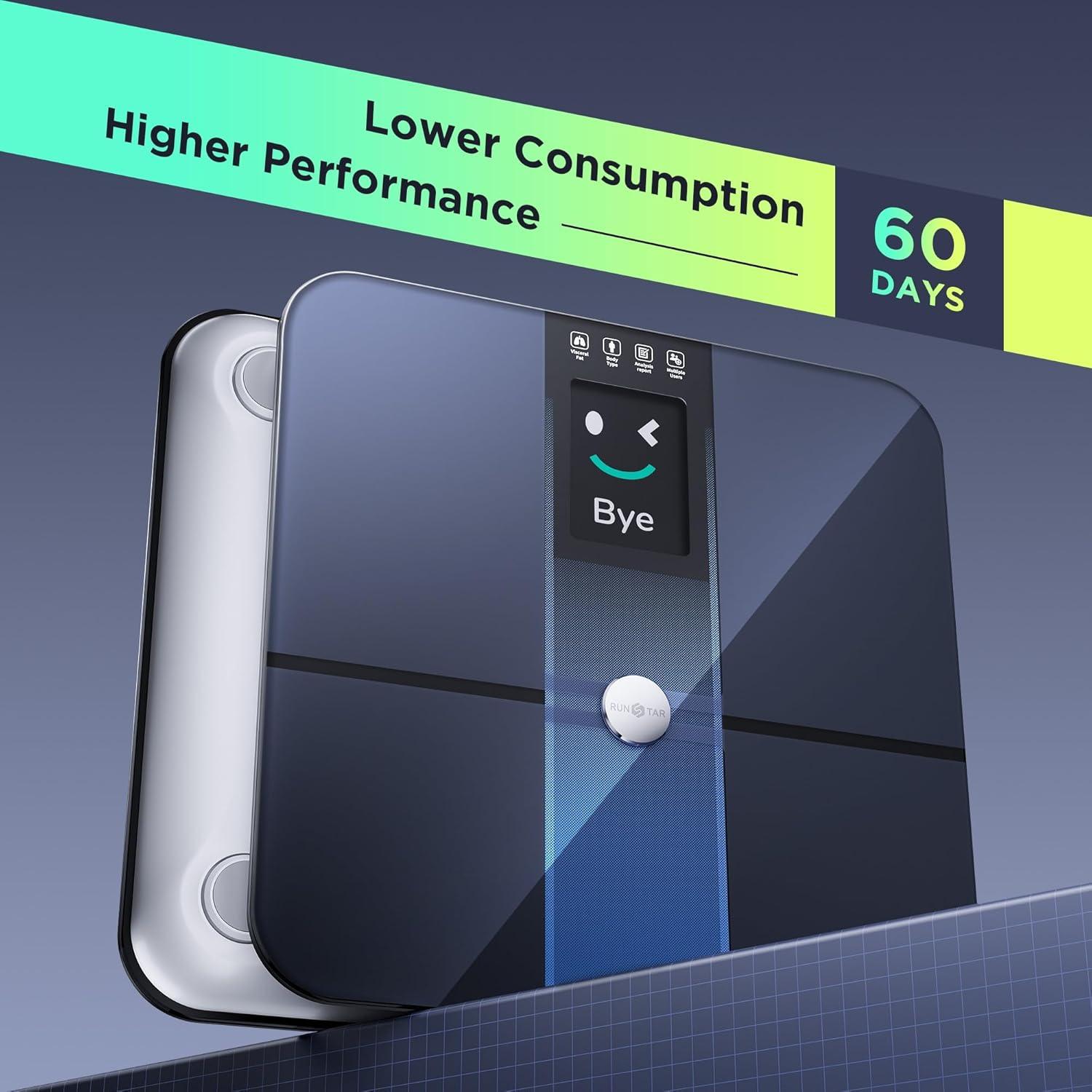 Runstar Smart Scale for Body Weight and Fat Percentage FSA HSA Eligible, 3.5" TFT Color Display High Precision Digital Bathroom Scale BMI Heart Rate 22 Body Composition Analyzer Sync with Fitness App