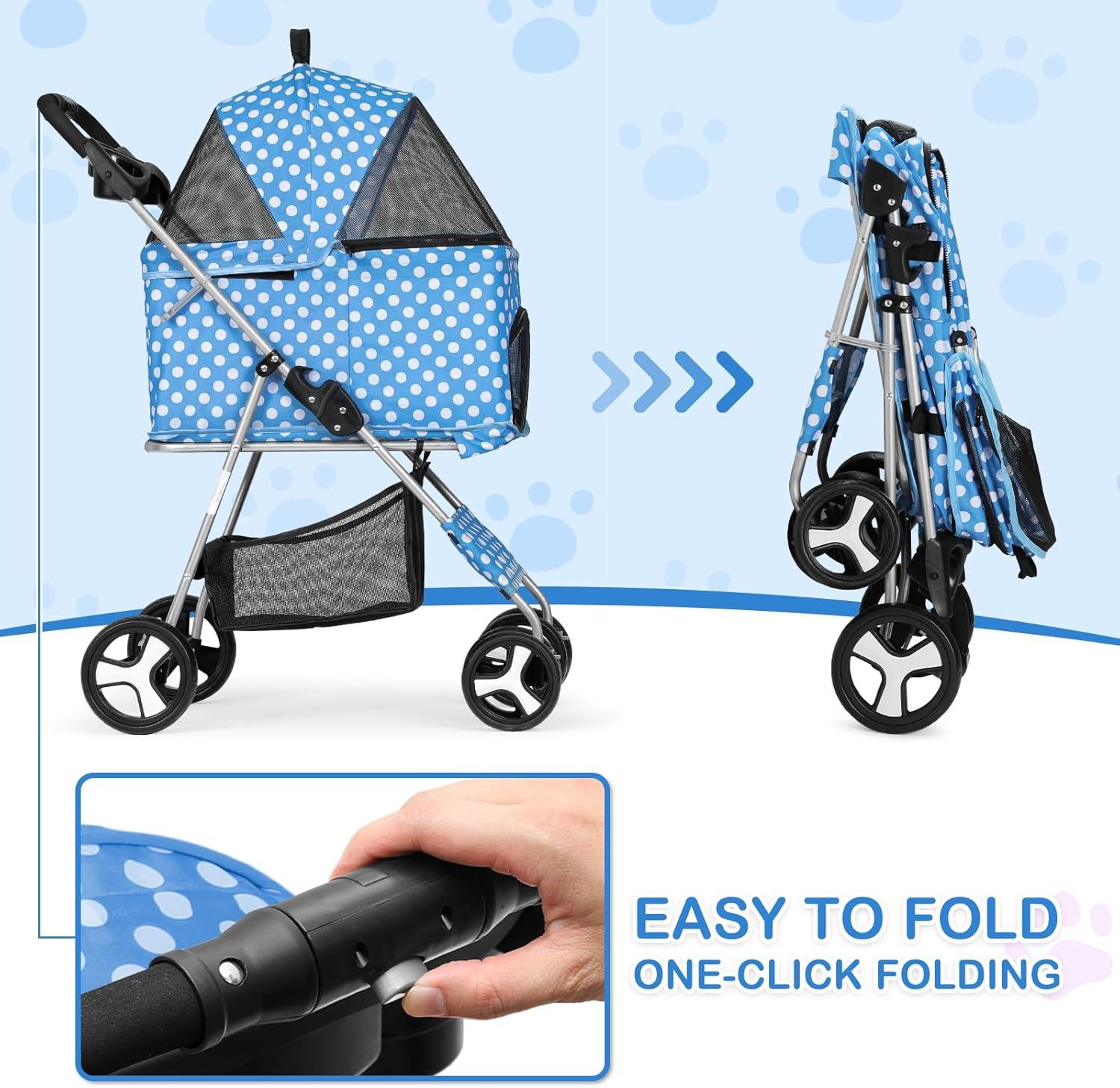 MoNiBloom 4 Wheel Foldable Dog Pet Stroller with Cup Holder, Sky Blue with White Polka Dots