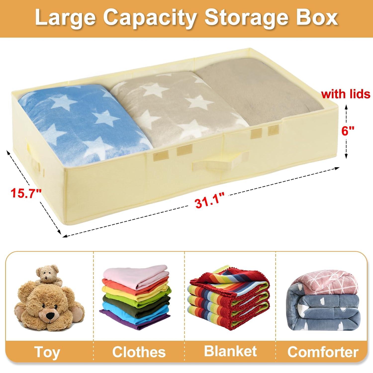 Large Underbed Storage Bags Organizer Container With Lids, Set of 2 Under Bed Storage Organizer Box With Handle, Fabric Under The Bed Storage Bins for Blanket Pillow Comforter & Quilt Wrapping Paper