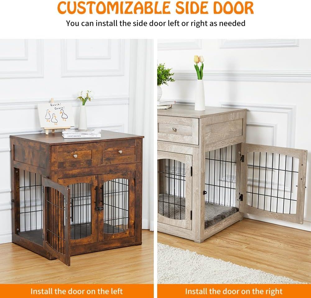 Dog Crate Furniture with Cushion,Wooden Dog Crate Table with 2 Drawers,3-Doors Dog Furniture,Indoor Dog Kennel,Dog House,Dog Cage,Side End Table(31.5 * 23.6 * 32inch, Rustic Grey)