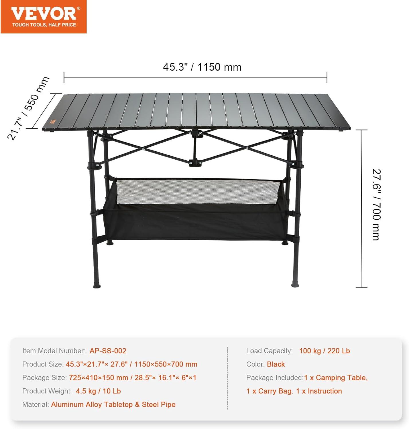 Black Aluminum Folding Camping Table with Storage Net, 45'' x 22''