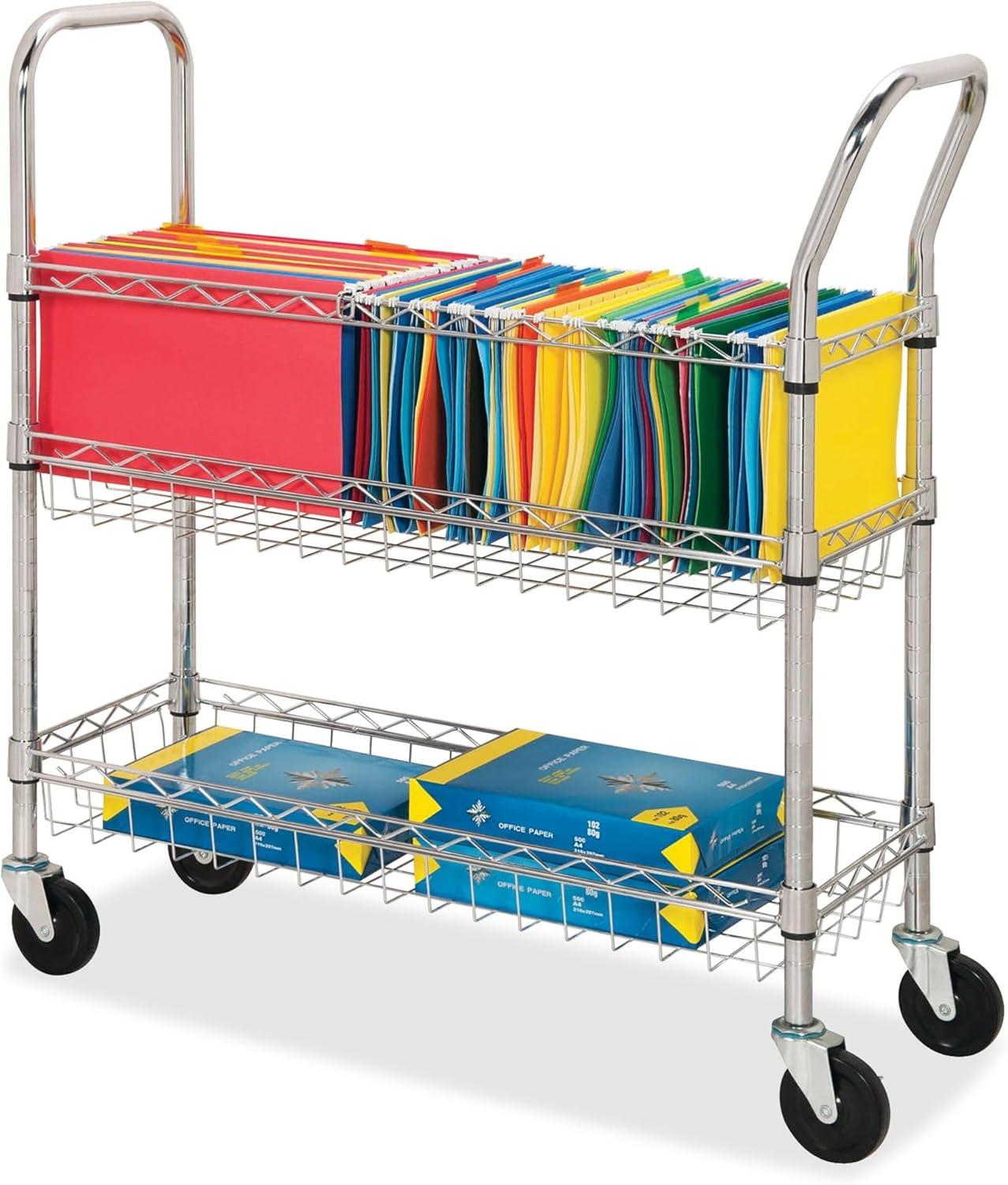 Chrome Heavy-Duty Steel Mobile Mail Cart with Dual Baskets