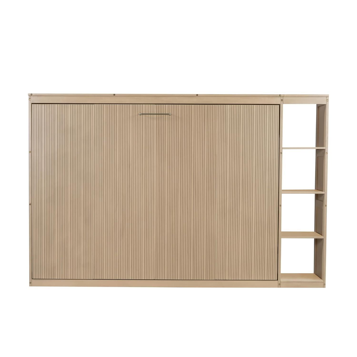 SOFTSEA Modern Murphy Bed Cabinet Bed with Bookshelf, Full Size Foldable Platform Bed Frame with Storage Racks, for Home Guest Room Small Room, Natural