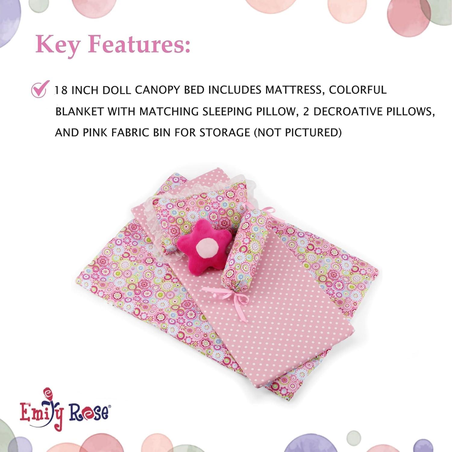 Emily Rose 18 Inch Doll Furniture | 18" Doll Canopy Single Bed with Doll Clothes Storage Drawer | Doll Bed Includes a 5 Piece Colorful Bedding Set | Fits 15" - 18" Dolls