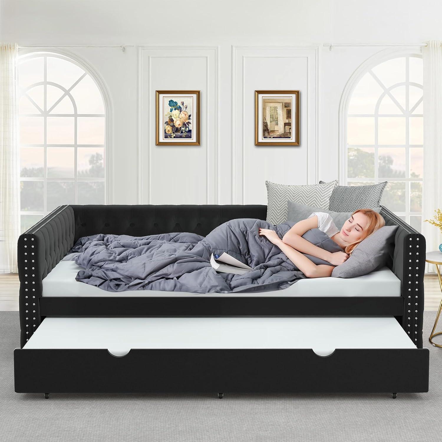 KNeretva Velvet Full Daybed with Twin Trundle, Modern Upholstered Full Size Day Bed Button-Tufted Sofa Daybed Frame (Black)