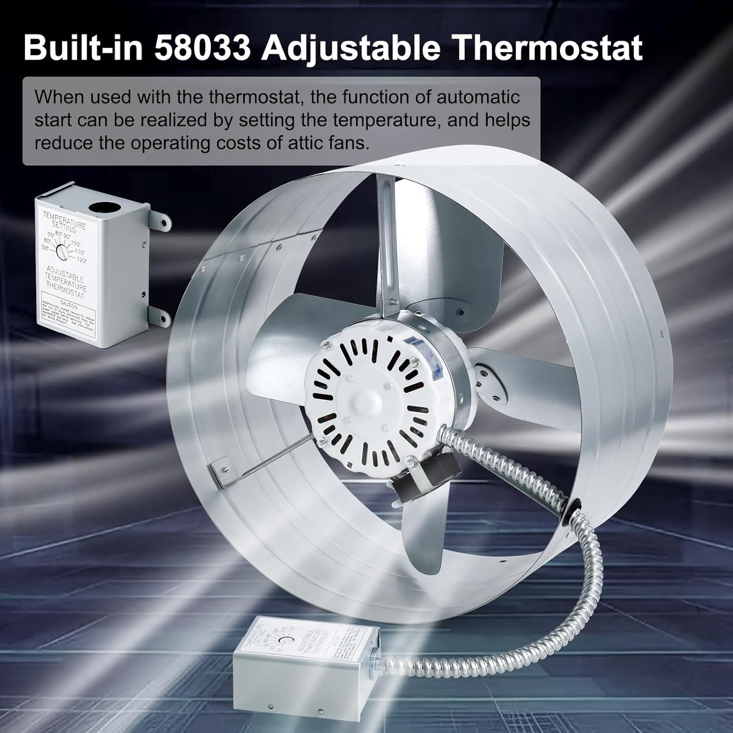 Criditpid 15" Gable Mount Vent Attic Fan, Exhaust Ventilation Fan with Adjustable Thermostat for Gable, Home, Shed, Garage, Portable Building, 3.4A, 1300CFM, 1075RPM, 1850 Sq.Ft Coverage Area.