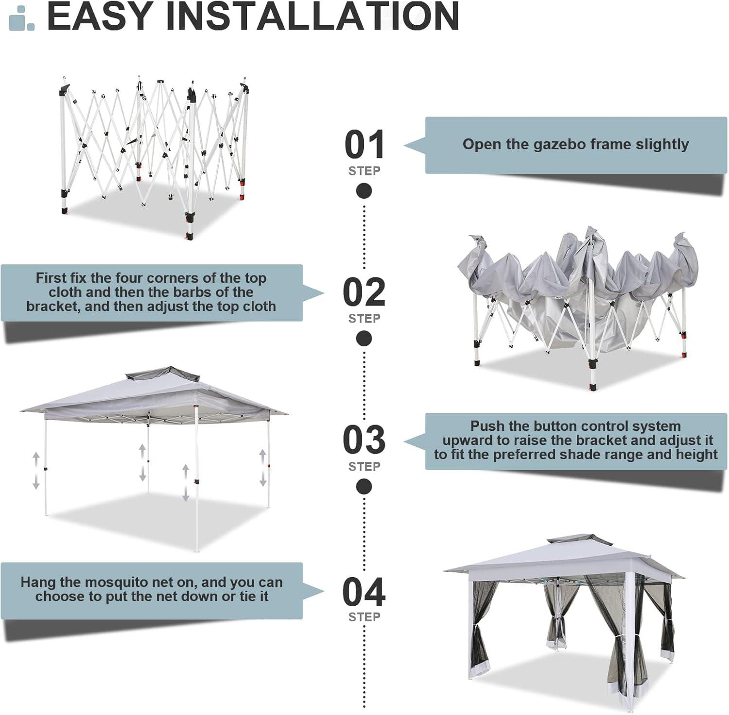 COBIZI 12'x12' Pop-up Gazebo Patio Gazebo Outdoor Gazebo Canopy with Mosquito Netting Patio Tent Backyard Canopy with 2-Tiered Vented Top 3 Adjustable Height and 144 Square ft of Shade, Gray
