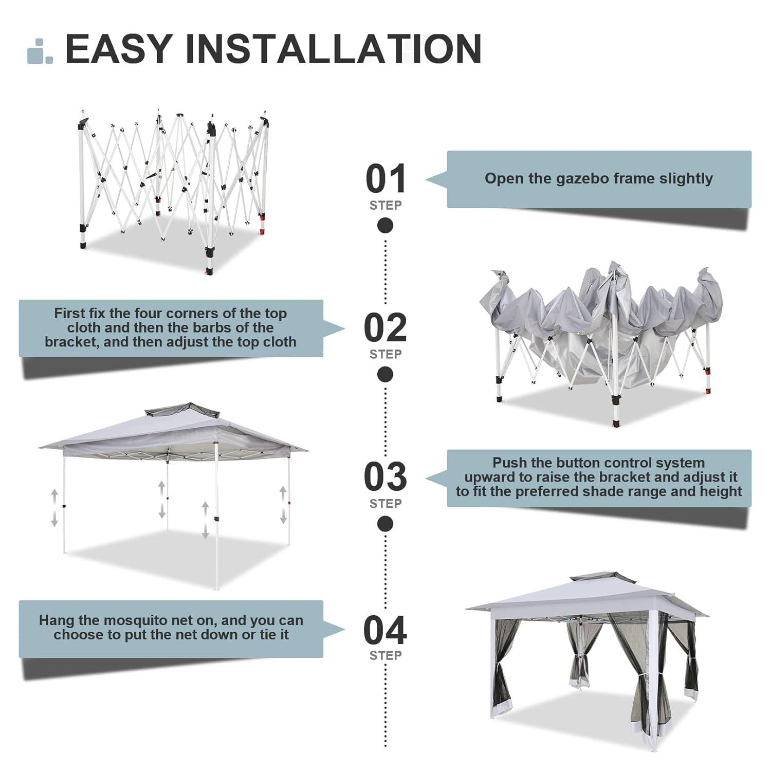 COBIZI 12'x12' Pop-up Gazebo Patio Gazebo Outdoor Gazebo Canopy with Mosquito Netting Patio Tent Backyard Canopy with 2-Tiered Vented Top 3 Adjustable Height and 144 Square ft of Shade, Gray