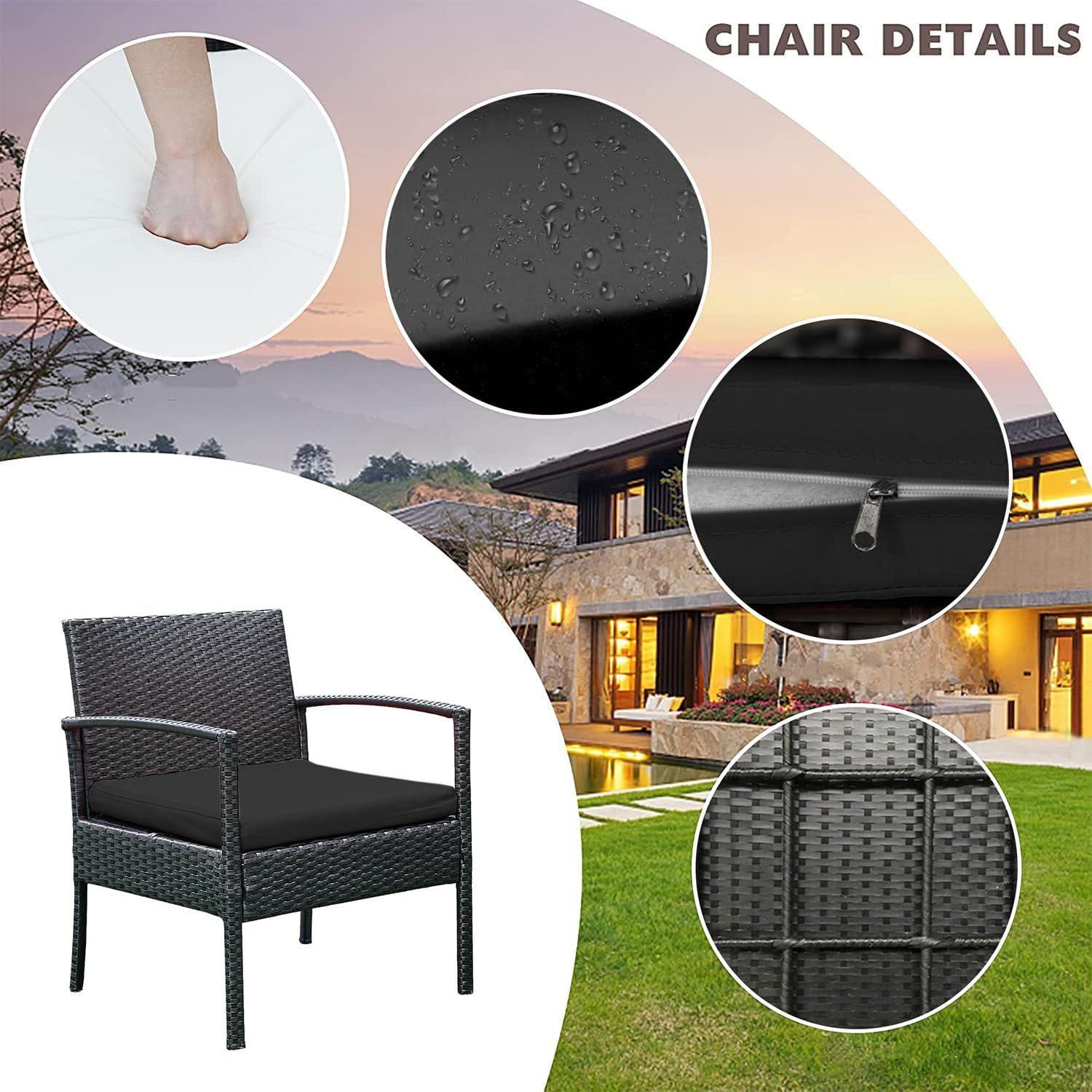 Tappio Outdoor Furniture 3 Piece Patio Bistro Furniture Set, Rattan Conversation Chairs Set with Side Table and Cushions, Patio Furniture Sets for Balcony Garden Porch, Black