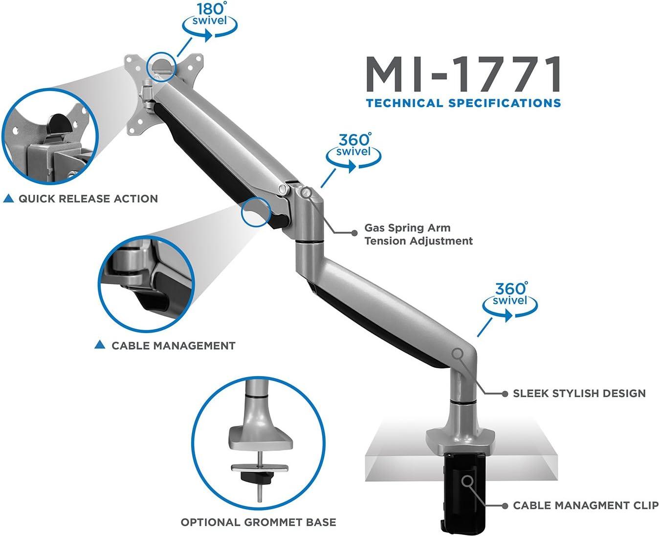 Silver Gas Spring Single Monitor Arm Desk Mount