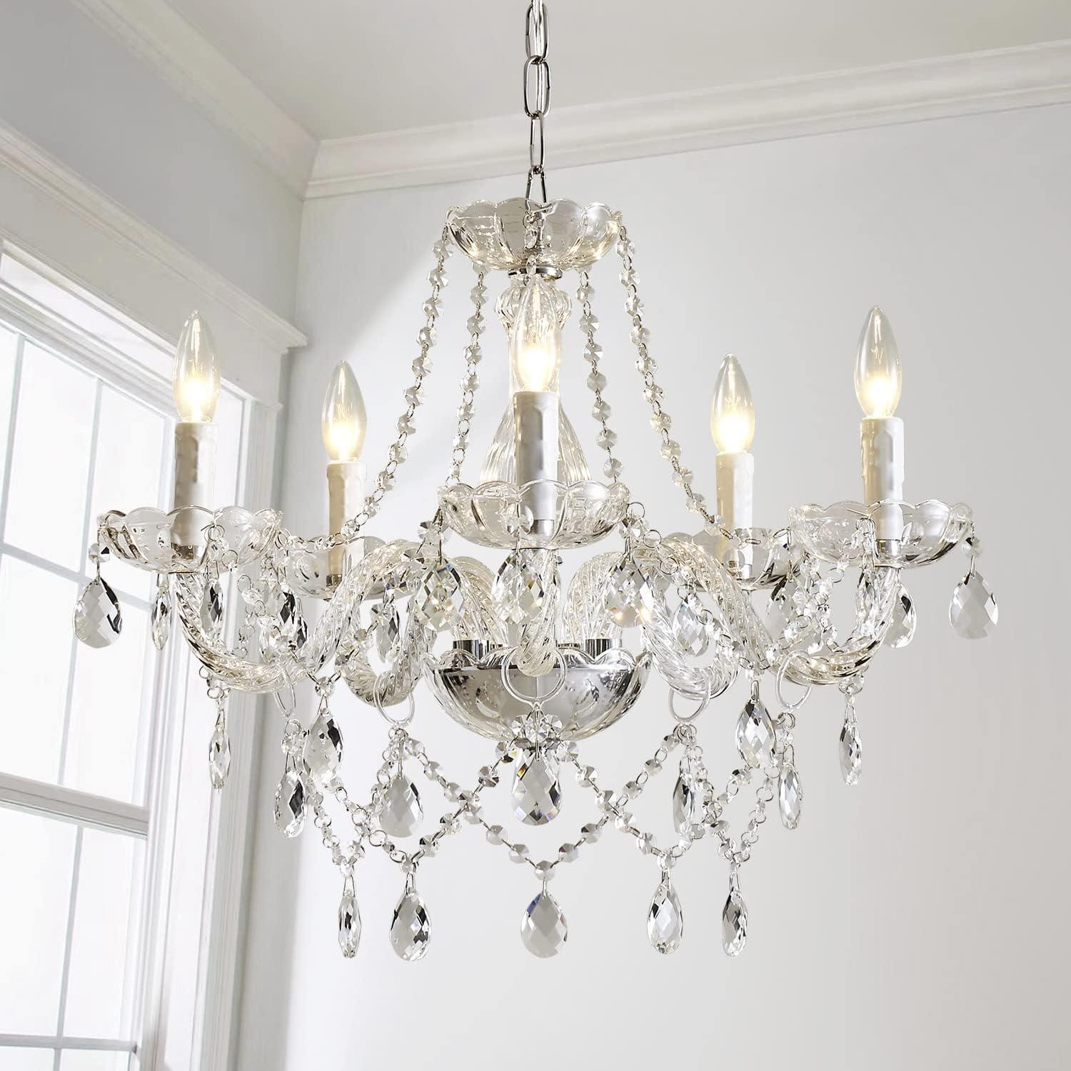 Elegant Chrome and Crystal 5-Light Candle Chandelier