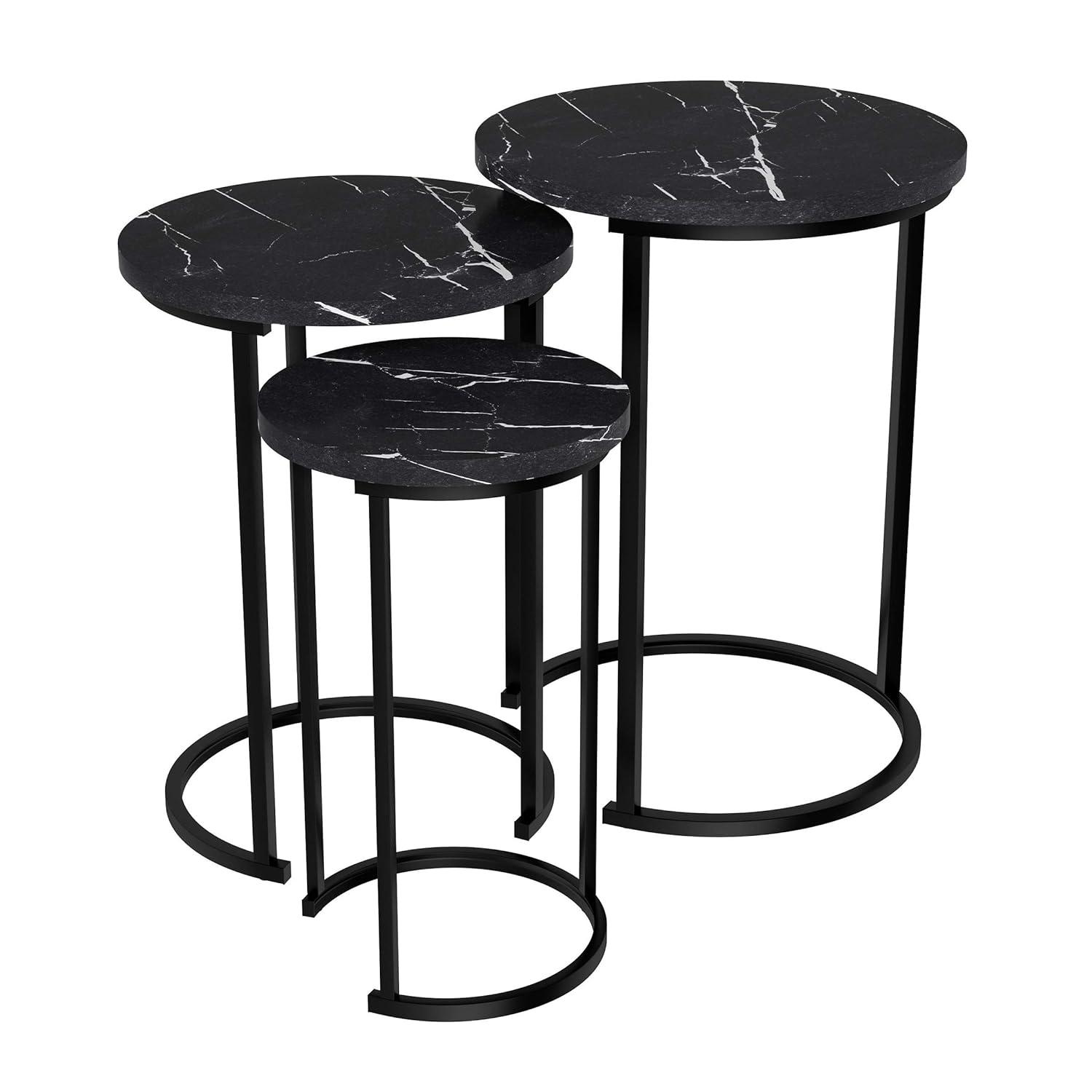 Lavish Home Nesting Tables - Set of 3 Round Side Tables for Living Room, Bedroom, or Home Office - Faux Marble End Table Set - Modern Living Room Furniture (Black)