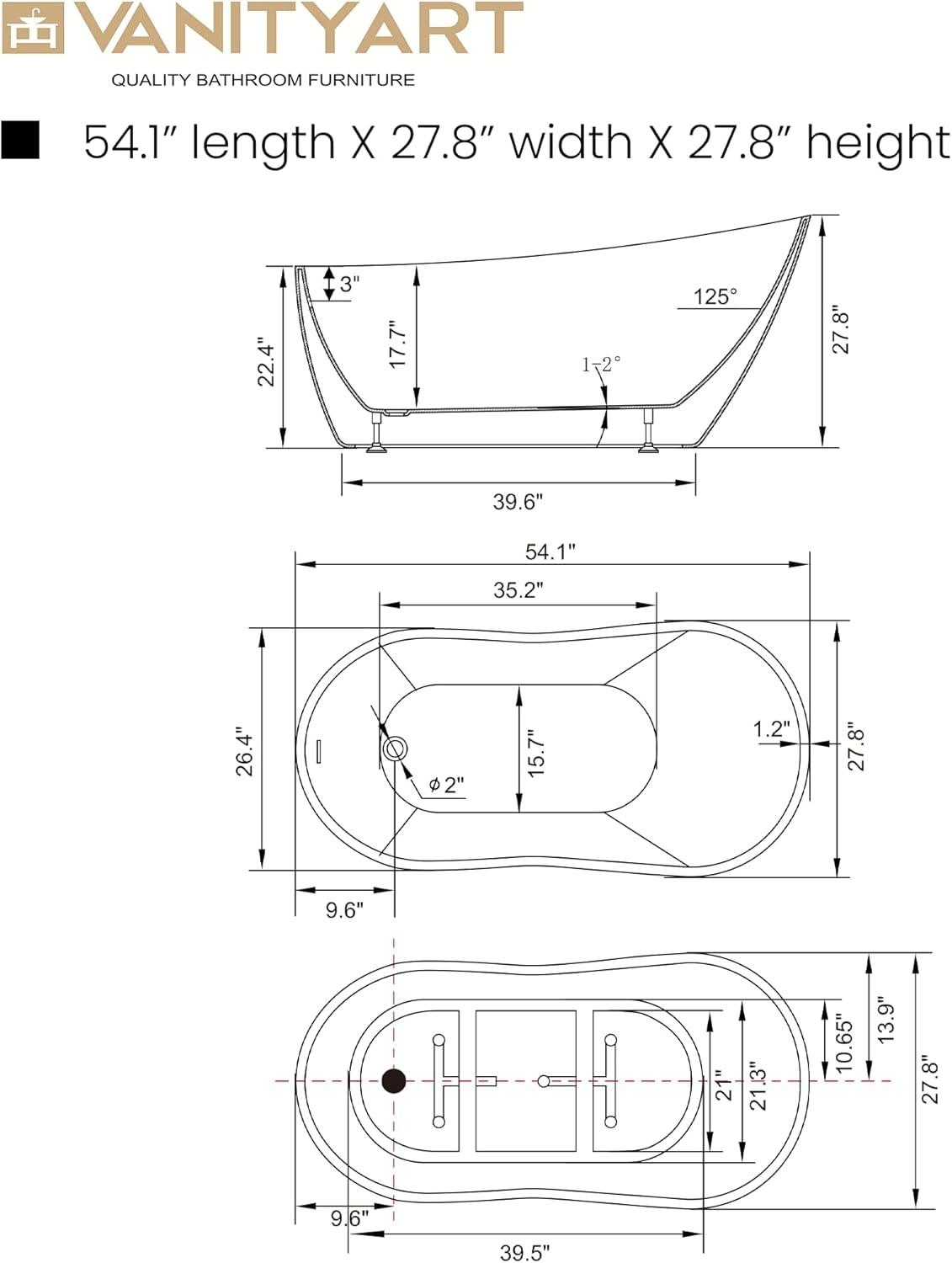 54" X 28" Freestanding Soaking Acrylic Bathtub