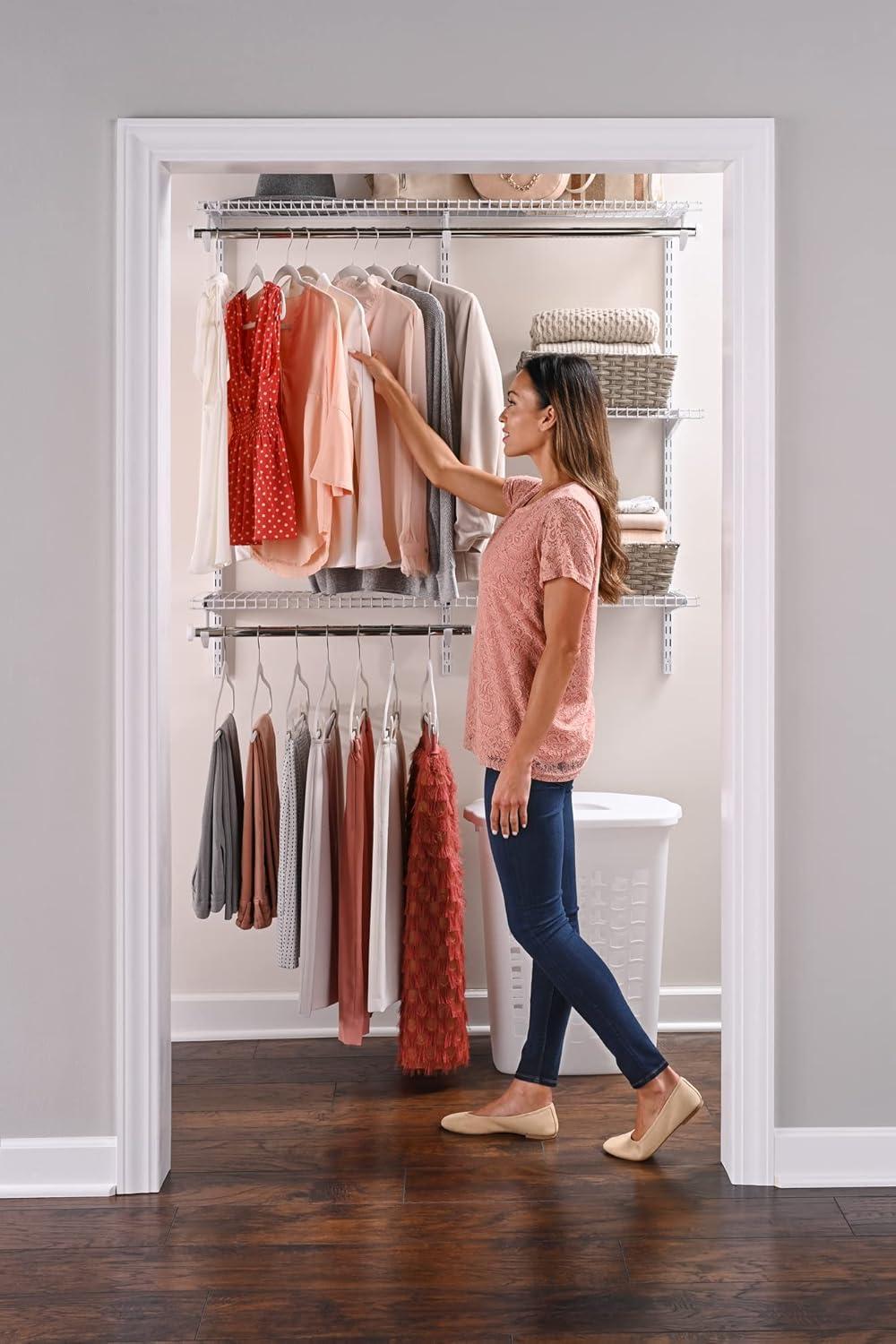 White Adjustable Metal Closet Kit with Shelving and Hanging Storage