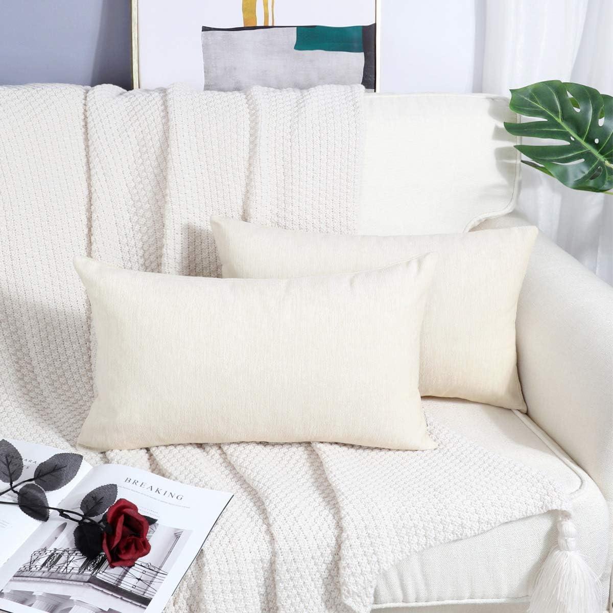 BRAWARM Throw Pillow Covers 12x20 Inches - Cream Chenille Lumbar Pillow Covers Pack of 2, Solid Dyed Soft Chenille Pillow Cases for Couch Sofa Bed Home Decoration