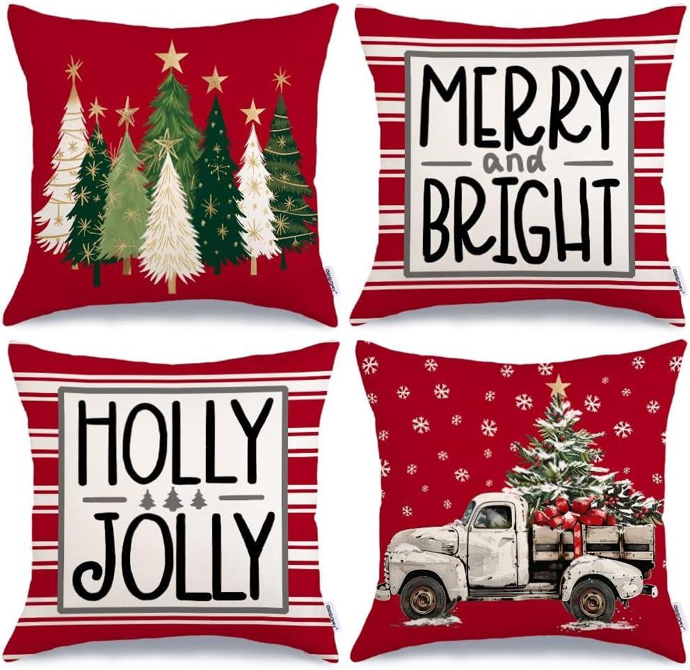 BEAUTY Merry Christmas Throw Pillow Covers 18 x 18 Inch Set of 4  Red Barn Merry & Bright Xmas Farmhouse Holiday Pillowcases for Home Outdoor Decoration CP053-18