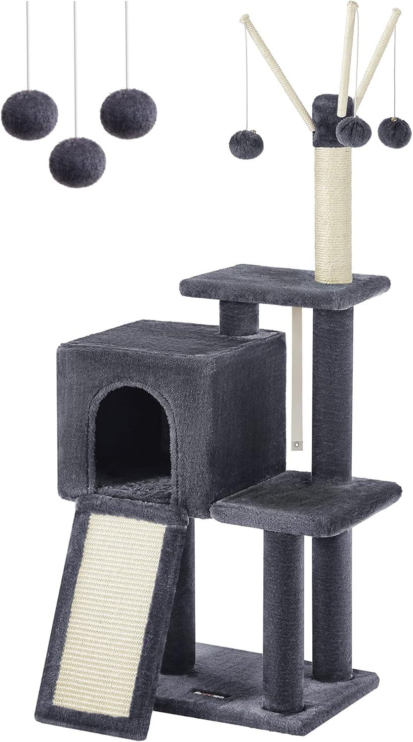 Smoky Gray Multi-Level Plush Cat Tree with Sisal Scratching Post