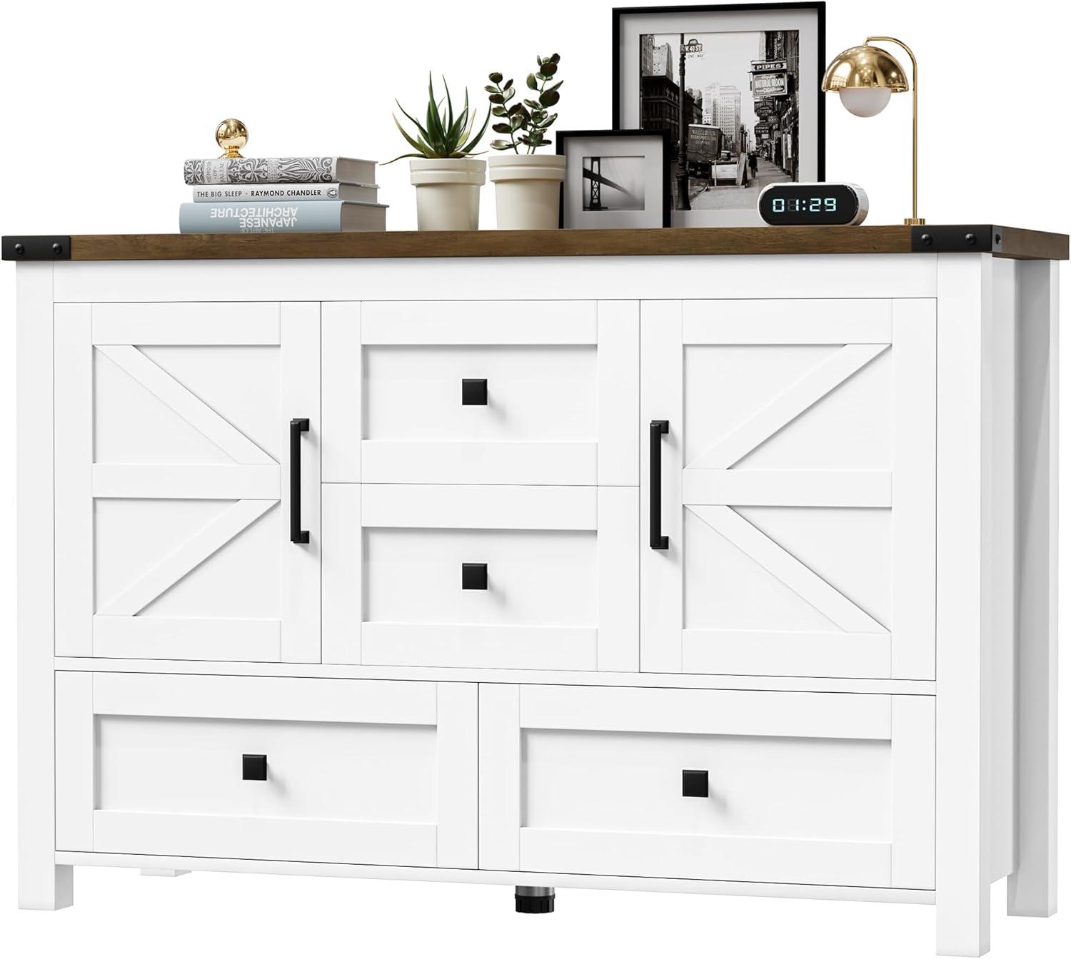 VVFLU Farmhouse Dresser for Bedroom with 4 Drawers & 2 Barn Doors, White Wood Chest of Drawers 47 Inch Wide Large Long, Adjustable Shelves, Living Dining Room