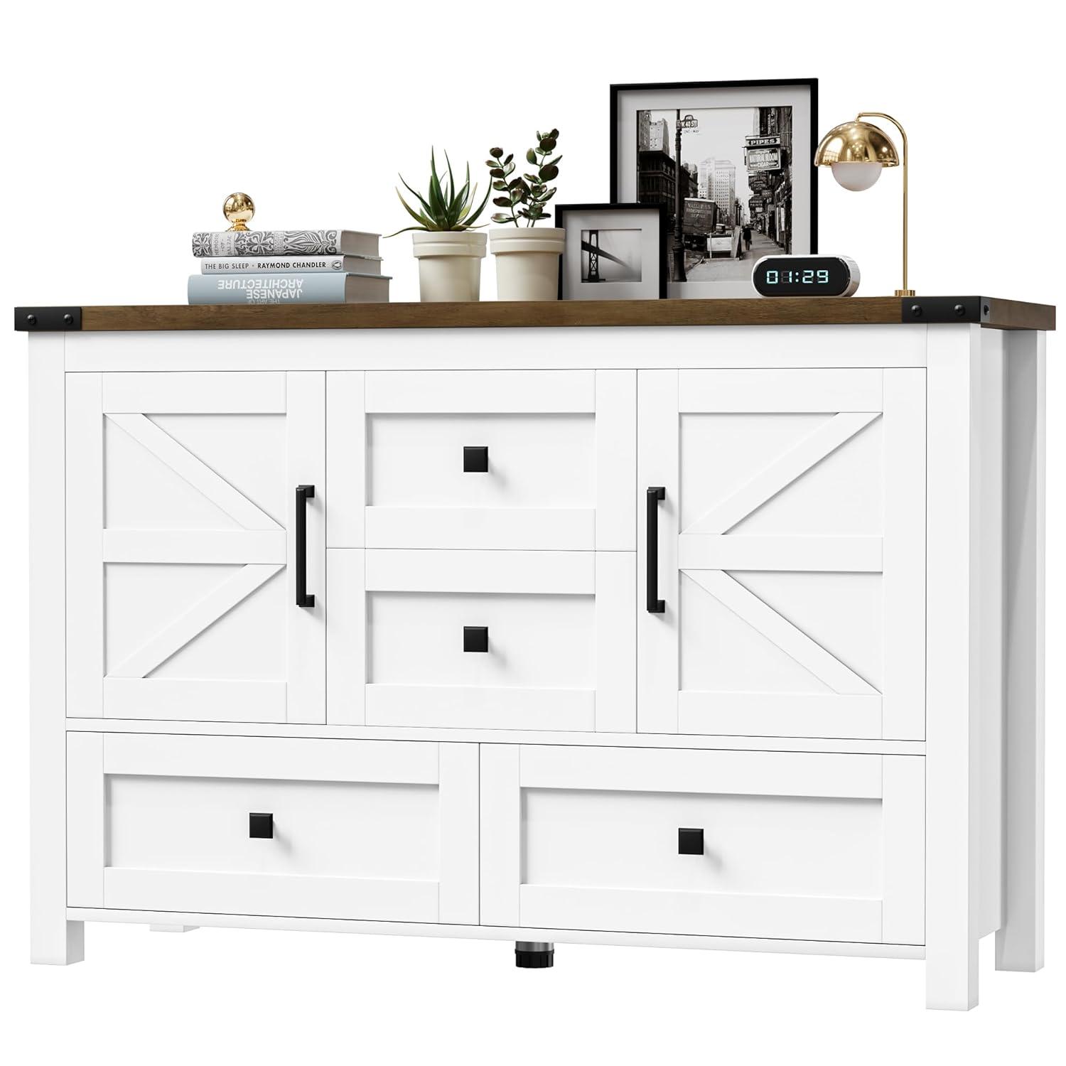 Gracie Oaks Farmhouse Dresser For Bedroom With 4 Drawers And 2 Barn Doors, Wood Chest Of Drawers 47 Inch Wide, Large, Long, Adjustable Shelves, 5 Legs, Living Dining Room, Entryway, Hallway