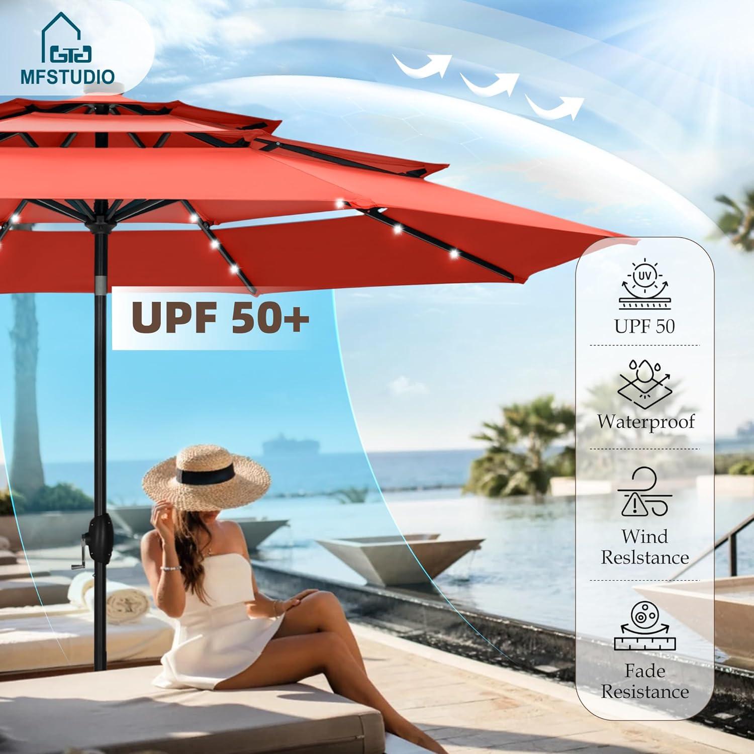 10ft Orange Red Polyester 3-Tier Vented Patio Umbrella with Auto-Tilt