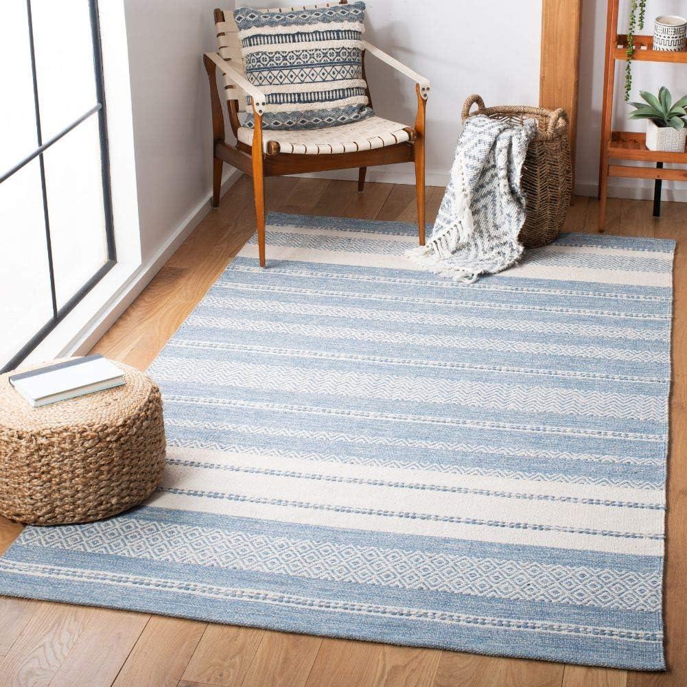 Ivory and Blue Striped Wool Cotton 6' x 9' Area Rug